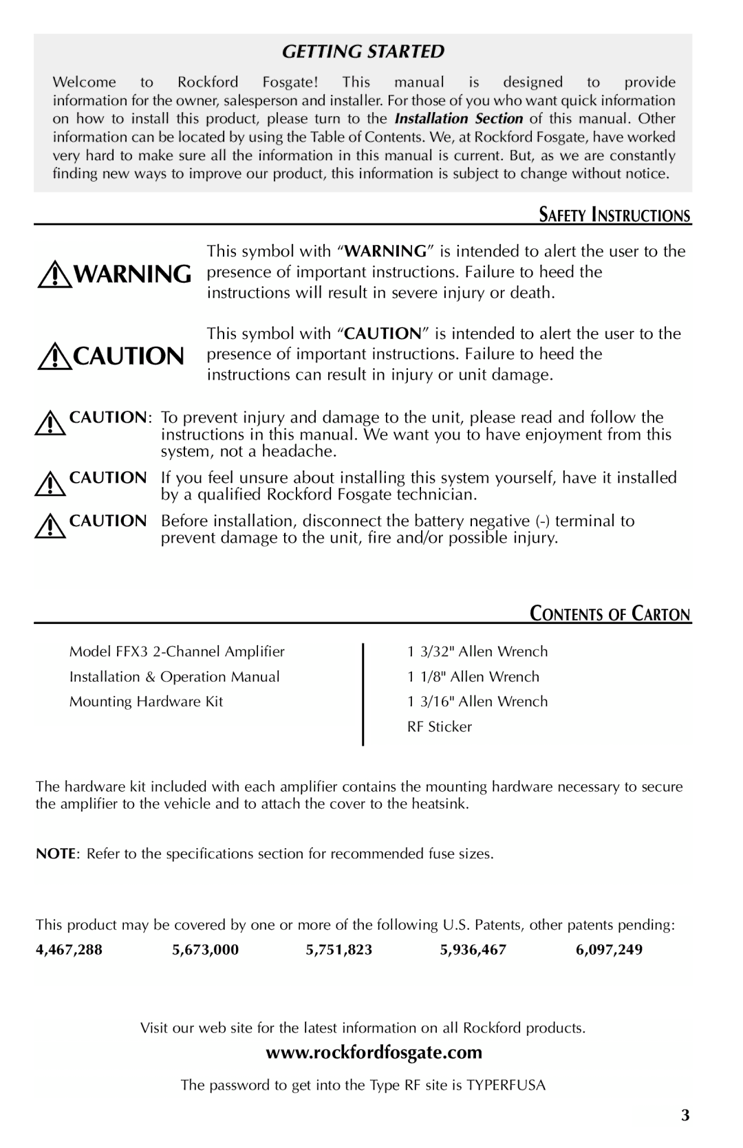 Rockford Fosgate FFX3 manual Safety Instructions, Contents of Carton 