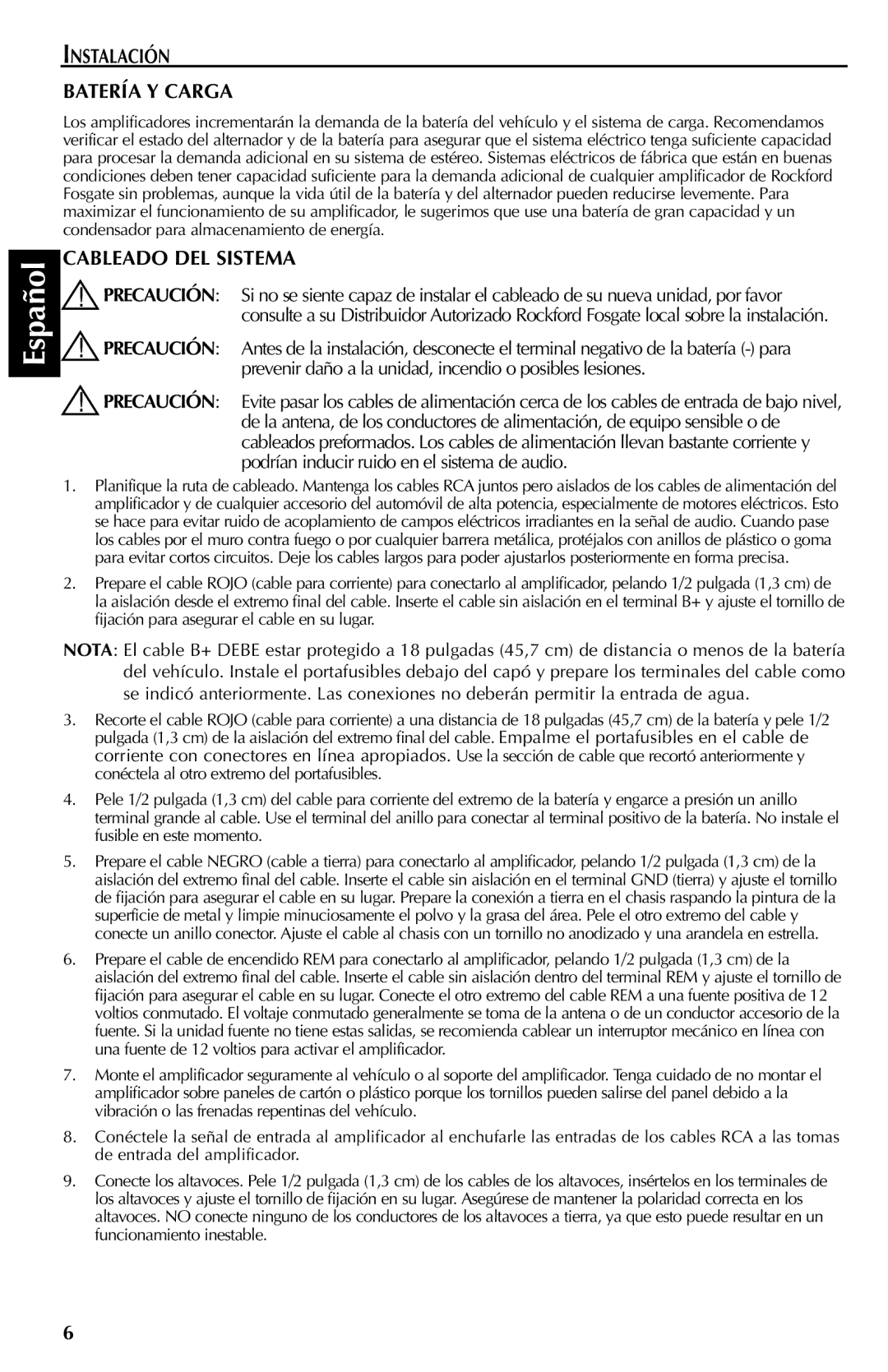 Rockford Fosgate FFX3 manual Instalación Batería Y Carga, Cableado DEL Sistema 