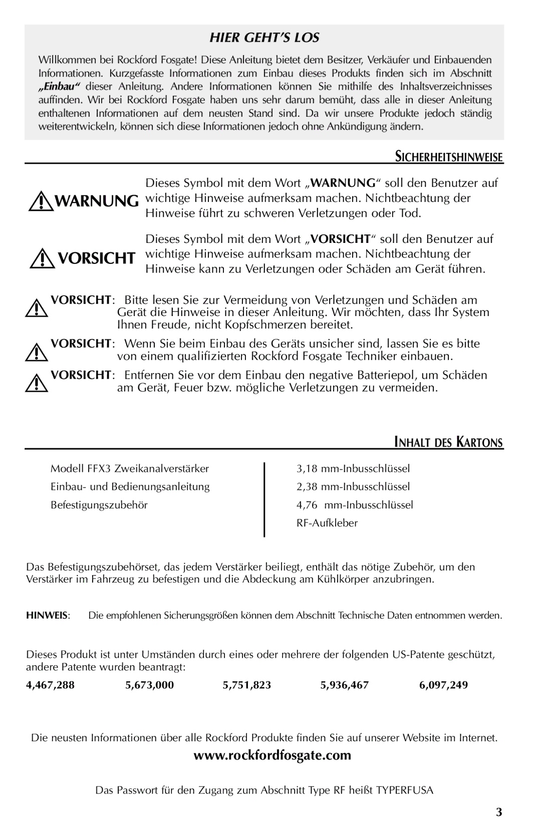 Rockford Fosgate FFX3 manual Sicherheitshinweise, Am Gerät, Feuer bzw. mögliche Verletzungen zu vermeiden 