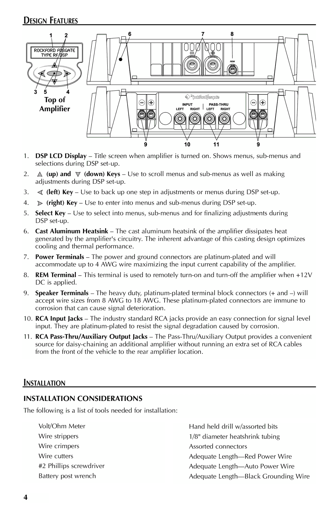 Rockford Fosgate FFX3 manual Design Features, Top Amplifier, Installation Installation Considerations 