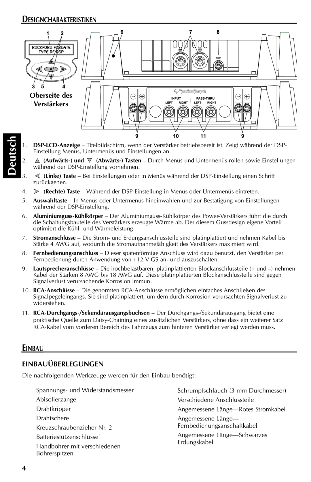 Rockford Fosgate FFX3 manual Designcharakteristiken, Oberseite des Verstärkers, Einbau Einbauüberlegungen 