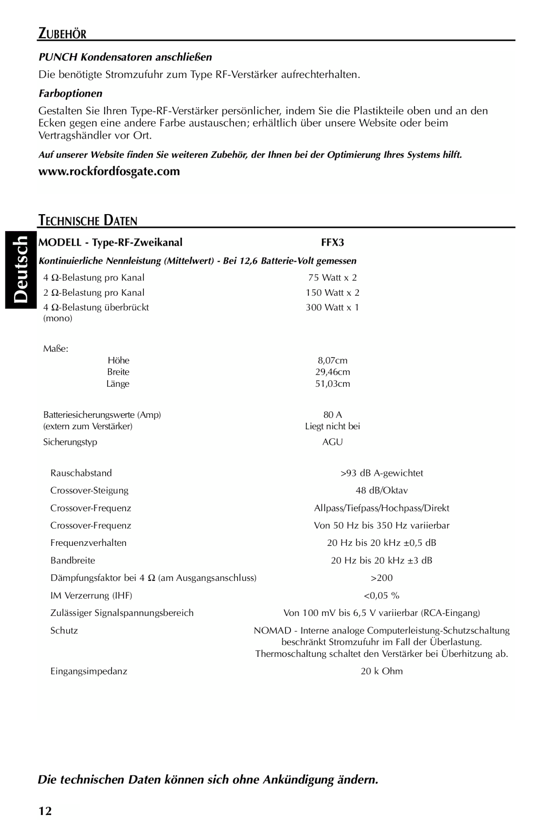 Rockford Fosgate FFX3 manual Zubehör, Technische Daten, Punch Kondensatoren anschließen, Farboptionen 