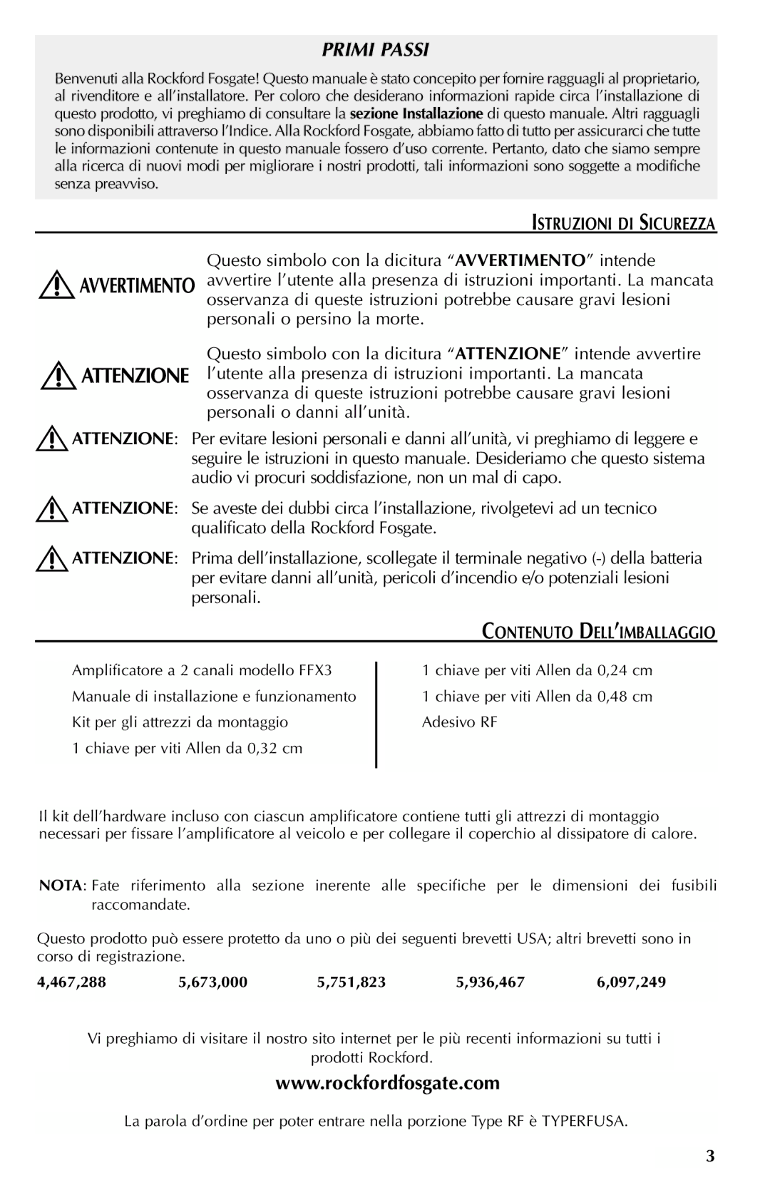 Rockford Fosgate FFX3 manual Istruzioni DI Sicurezza, Contenuto DELL’IMBALLAGGIO 