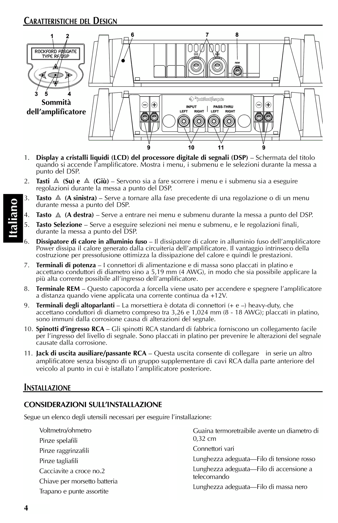 Rockford Fosgate FFX3 manual Caratteristiche DEL Design, Sommità Dell’amplificatore 