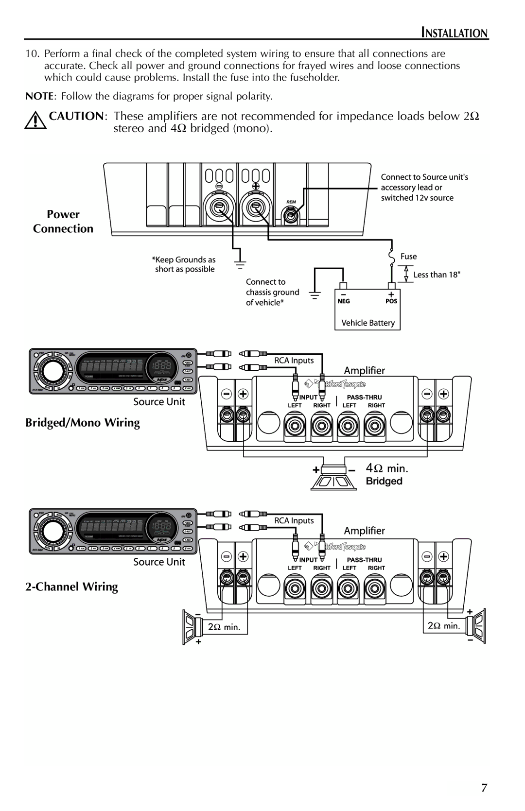 Rockford Fosgate FFX3 manual Power Connection Bridged/Mono Wiring Channel Wiring 