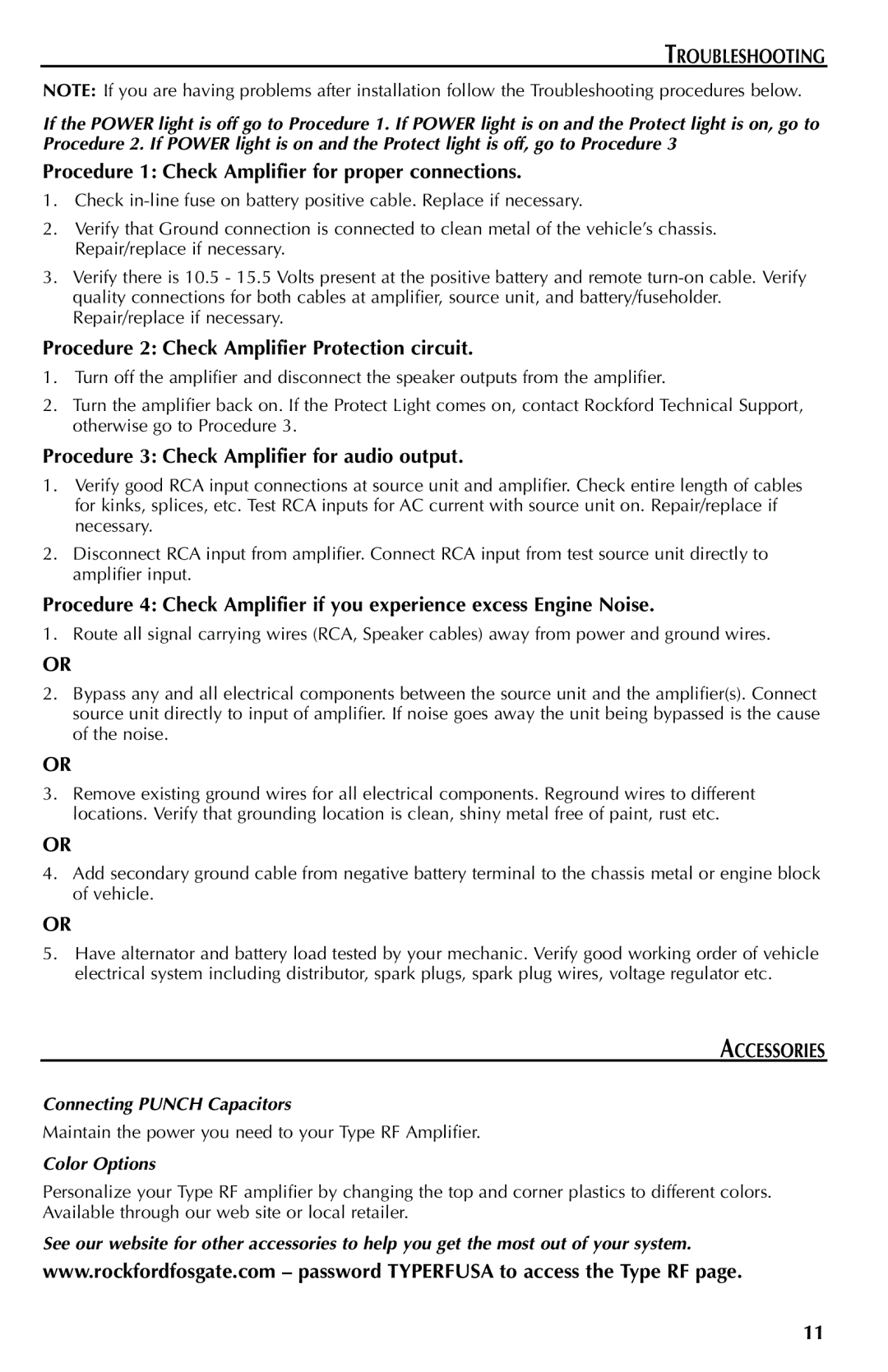 Rockford Fosgate FFX6 manual Troubleshooting, Procedure 1 Check Amplifier for proper connections, Accessories 