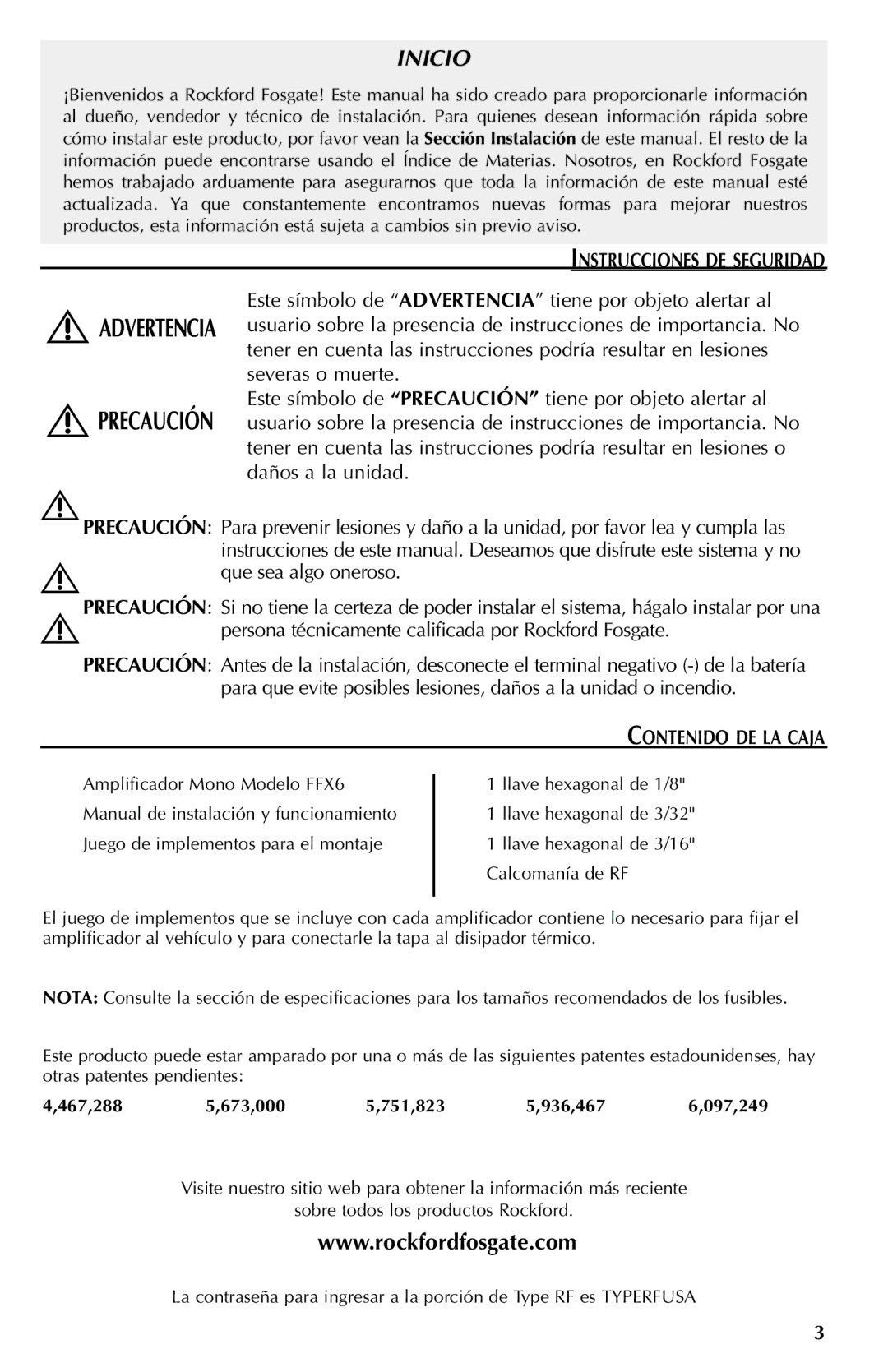 Rockford Fosgate FFX6 manual Inicio, Instrucciones DE Seguridad 