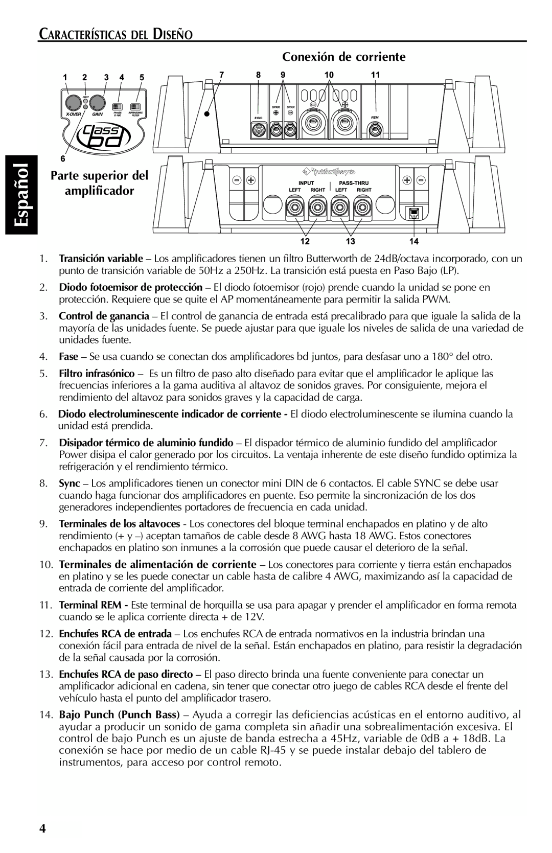 Rockford Fosgate FFX6 manual Características DEL Diseño, Conexión de corriente Parte superior del Amplificador 