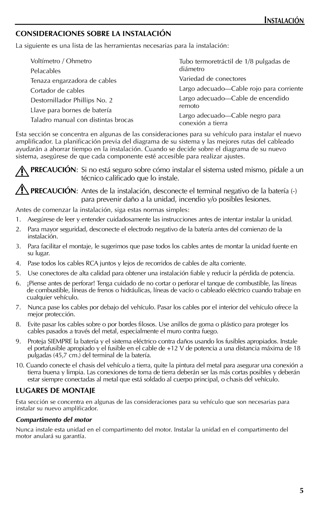 Rockford Fosgate FFX6 manual Instalación Consideraciones Sobre LA Instalación, Lugares DE Montaje, Compartimento del motor 