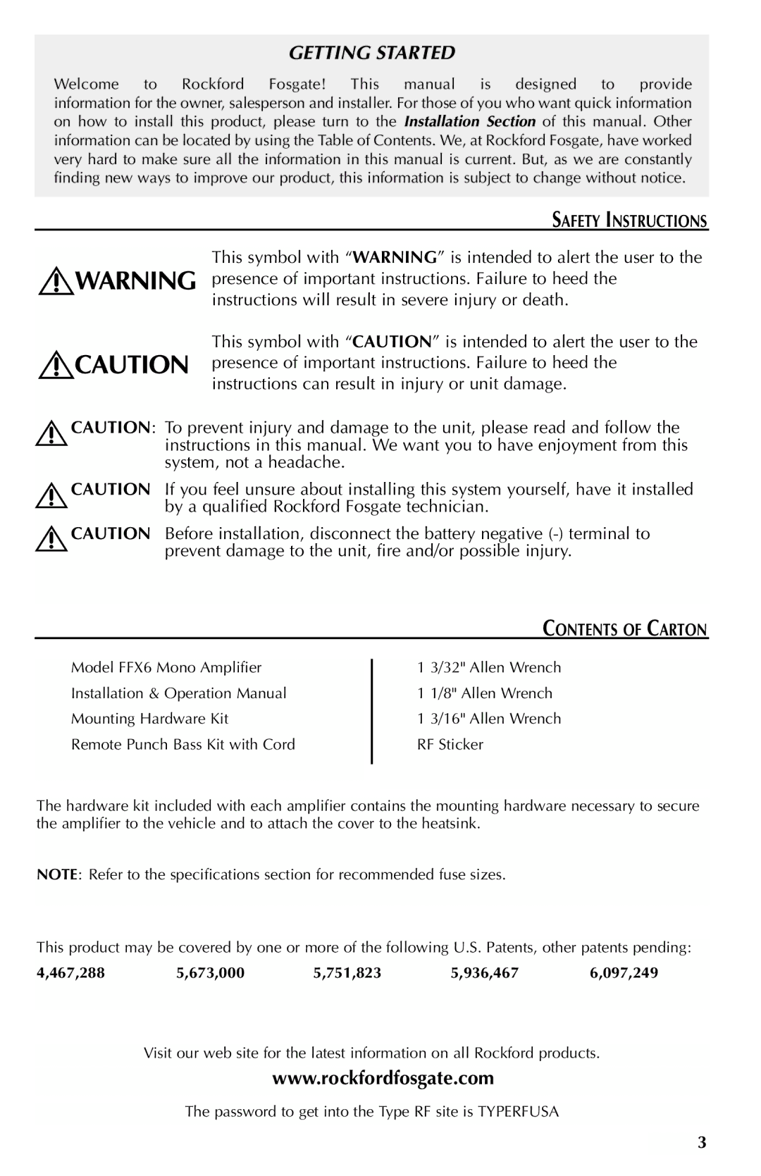 Rockford Fosgate FFX6 manual Safety Instructions, Contents of Carton 