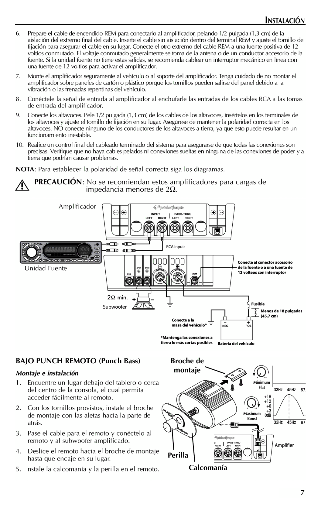 Rockford Fosgate FFX6 manual Bajo Punch Remoto Punch Bass, Broche de montaje Perilla Calcomanía, Montaje e instalación 