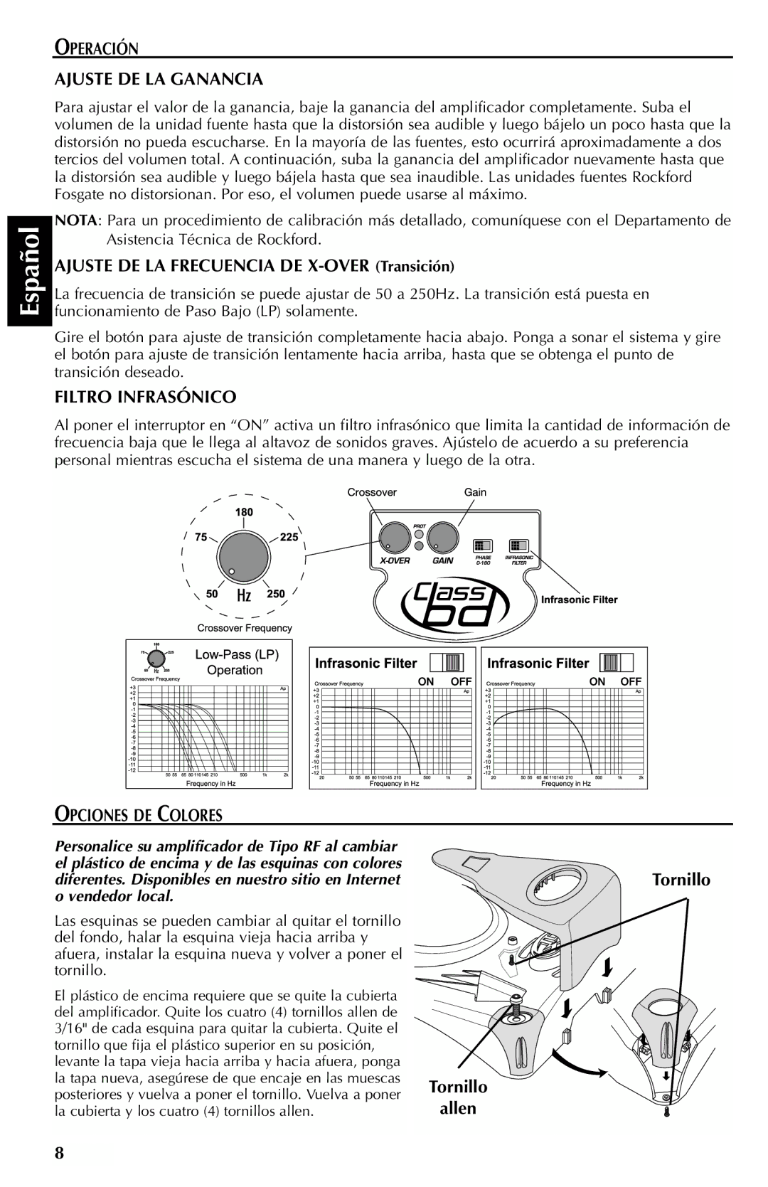 Rockford Fosgate FFX6 Operación Ajuste DE LA Ganancia, Ajuste DE LA Frecuencia DE X-OVER Transición, Filtro Infrasónico 