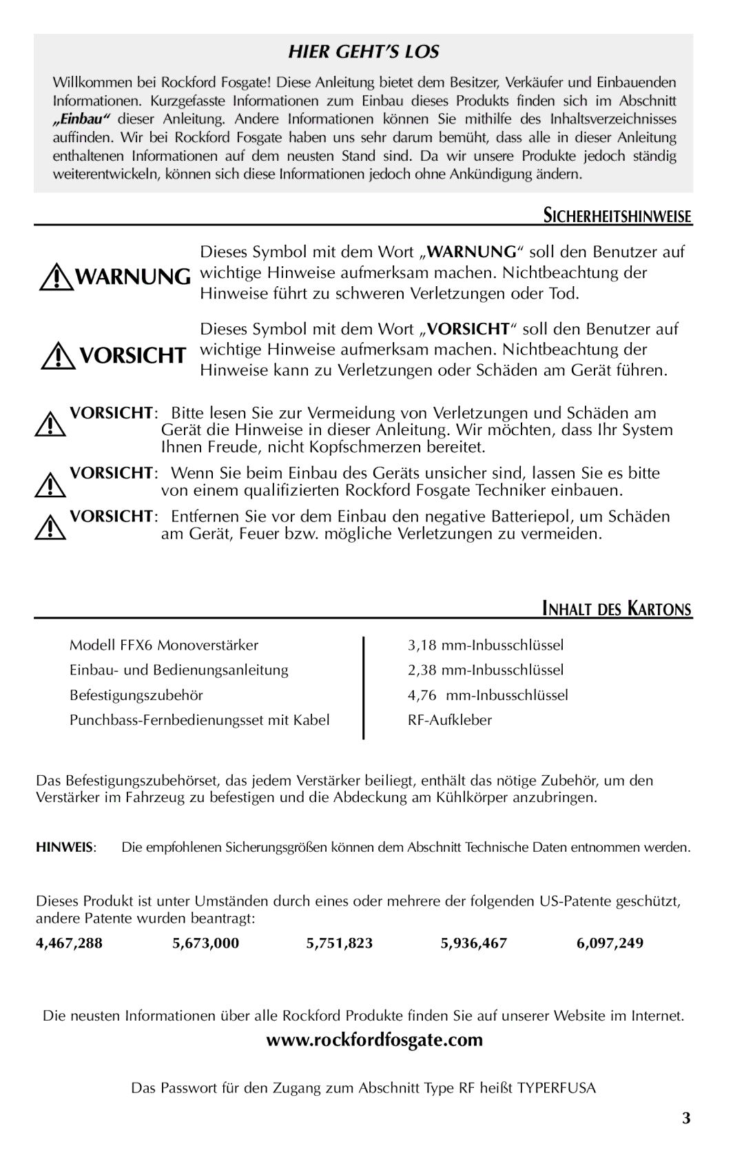 Rockford Fosgate FFX6 manual Sicherheitshinweise, Am Gerät, Feuer bzw. mögliche Verletzungen zu vermeiden 