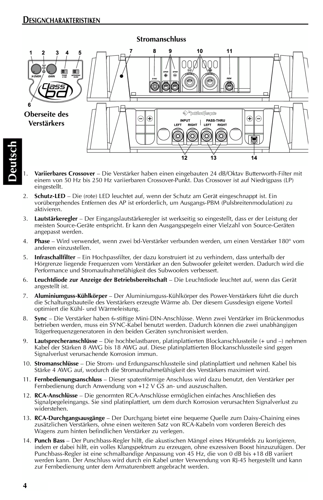 Rockford Fosgate FFX6 manual Designcharakteristiken, Stromanschluss Oberseite des Verstärkers 