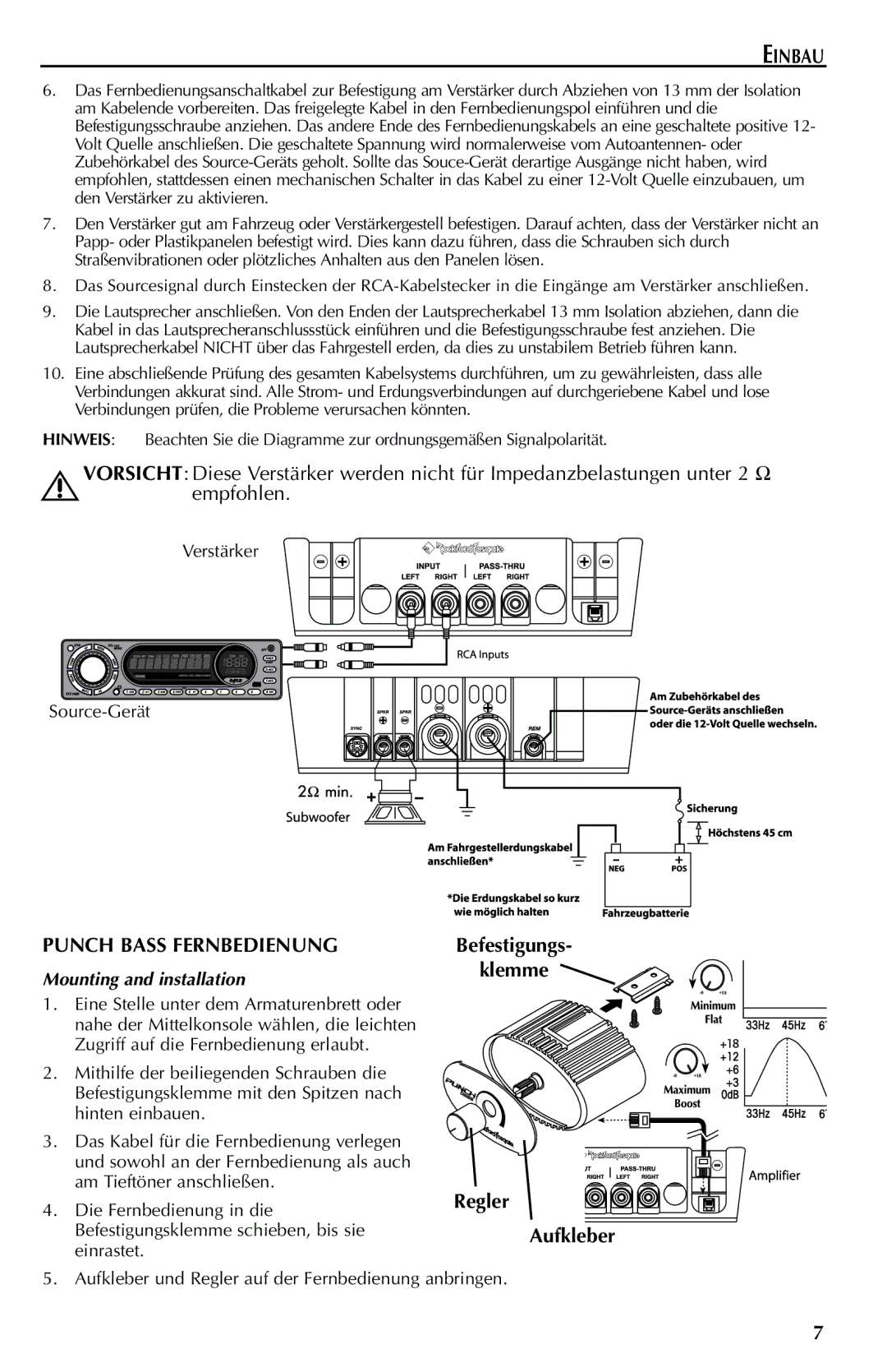 Rockford Fosgate FFX6 manual Punch Bass Fernbedienung, Befestigungs- klemme Regler Aufkleber 