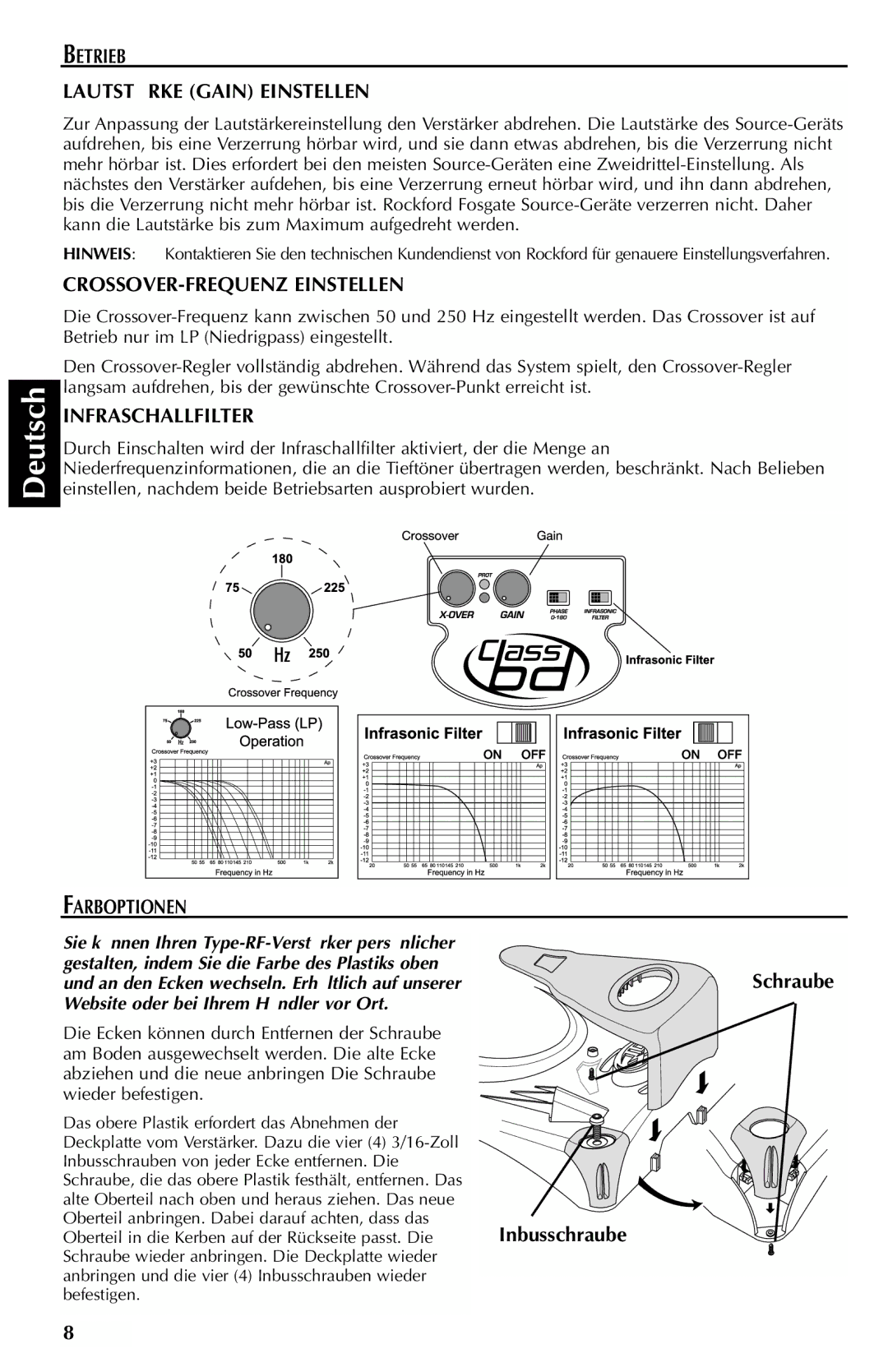 Rockford Fosgate FFX6 Betrieb Lautstärke Gain Einstellen, CROSSOVER-FREQUENZ Einstellen, Infraschallfilter, Farboptionen 