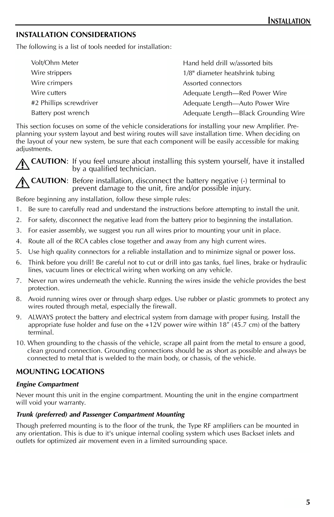 Rockford Fosgate FFX6 manual Installation Installation Considerations, Mounting Locations, Engine Compartment 