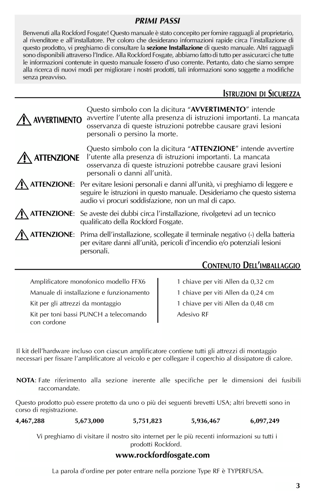 Rockford Fosgate FFX6 manual Istruzioni DI Sicurezza, Contenuto DELL’IMBALLAGGIO 