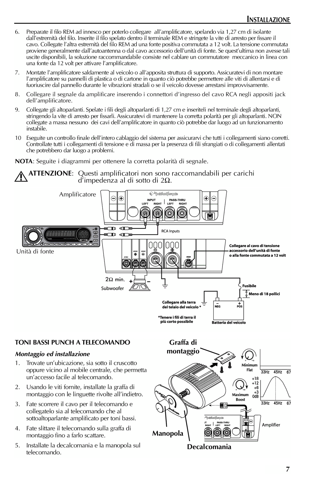 Rockford Fosgate FFX6 manual Manopola Decalcomania, Montaggio ed installazione 