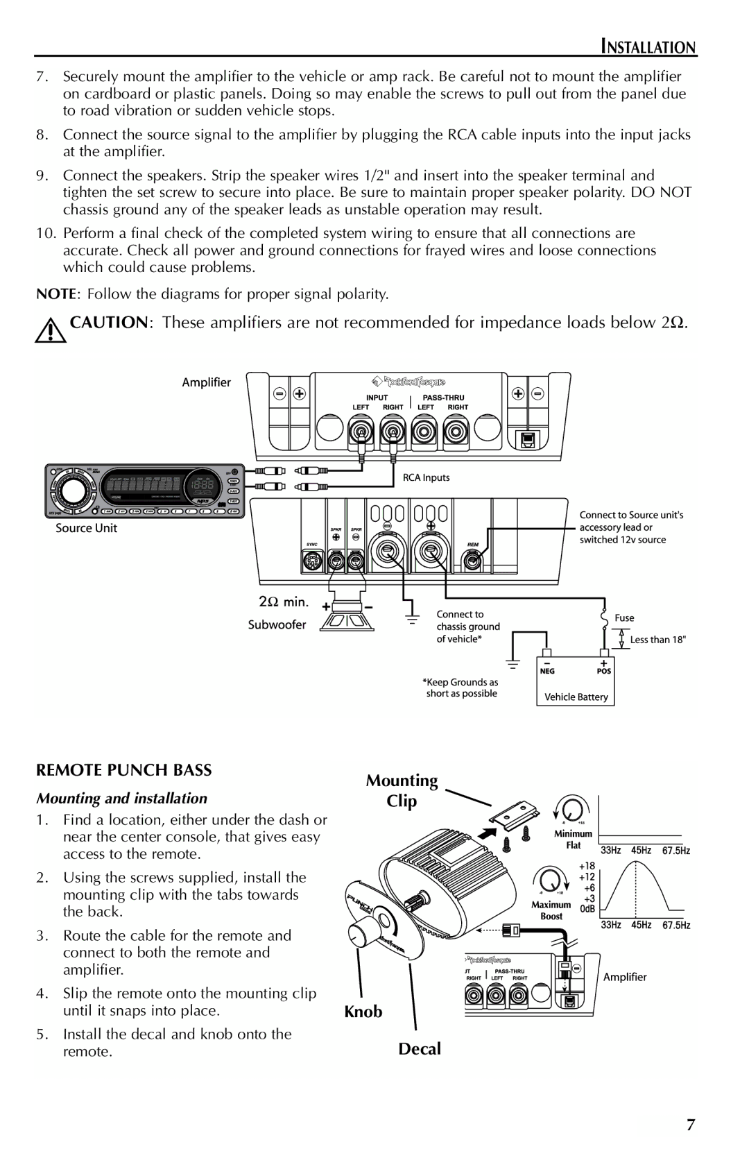 Rockford Fosgate FFX6 manual Installation, Remote Punch Bass, Mounting Clip Knob Decal, Mounting and installation 