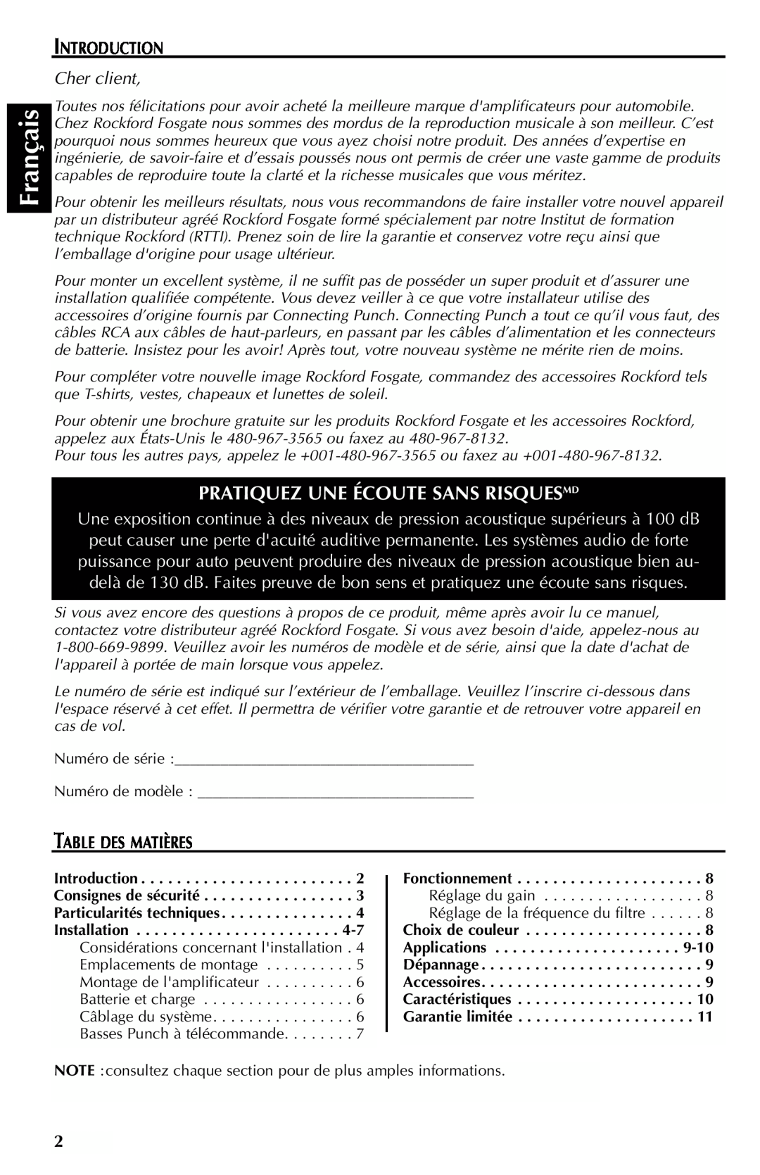 Rockford Fosgate FFX6 manual Français, Pratiquez Une Écoute Sans Risquesmd, Introduction, Cher client, Table Des Matières 
