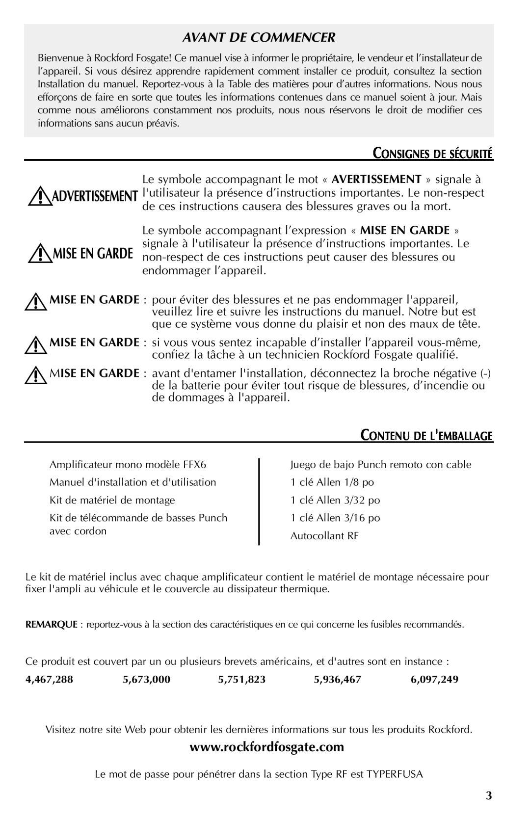 Rockford Fosgate FFX6 manual Avant De Commencer, Consignes De Sécurité, Contenu De Lemballage 