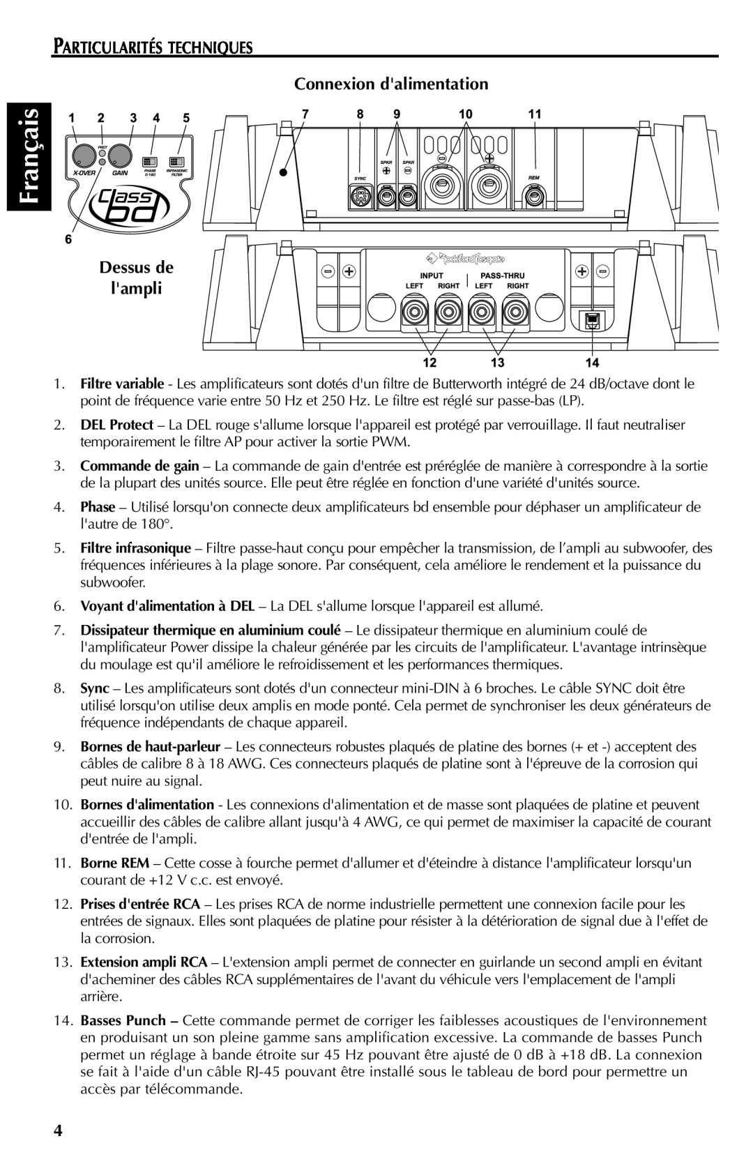 Rockford Fosgate FFX6 manual Français, PARTICULARITÉS TECHNIQUES Connexion dalimentation, Dessus de lampli 