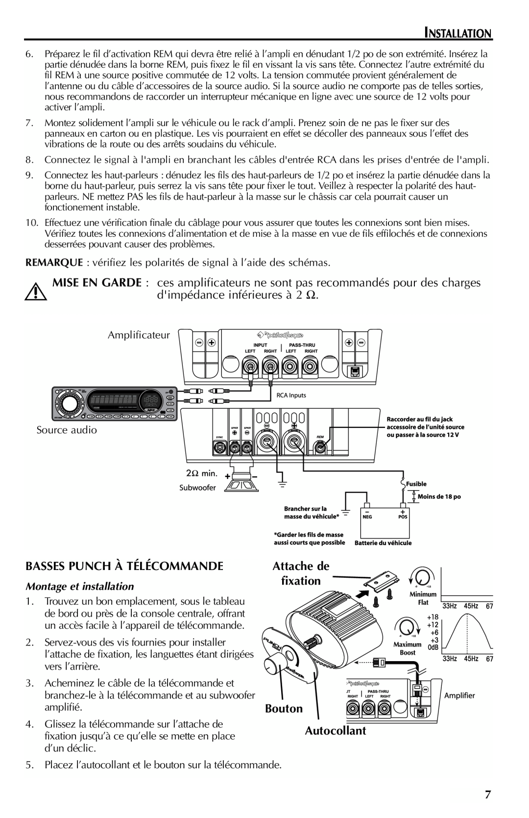 Rockford Fosgate FFX6 manual Installation, dimpédance inférieures à 2 Ω, Basses Punch À Télécommande, Bouton 