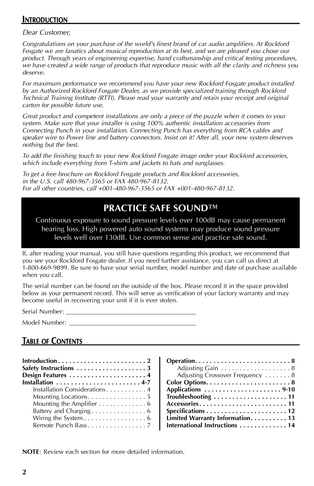 Rockford Fosgate FFX6 manual Practice Safe Sound, Introduction, Dear Customer, Table Of Contents 