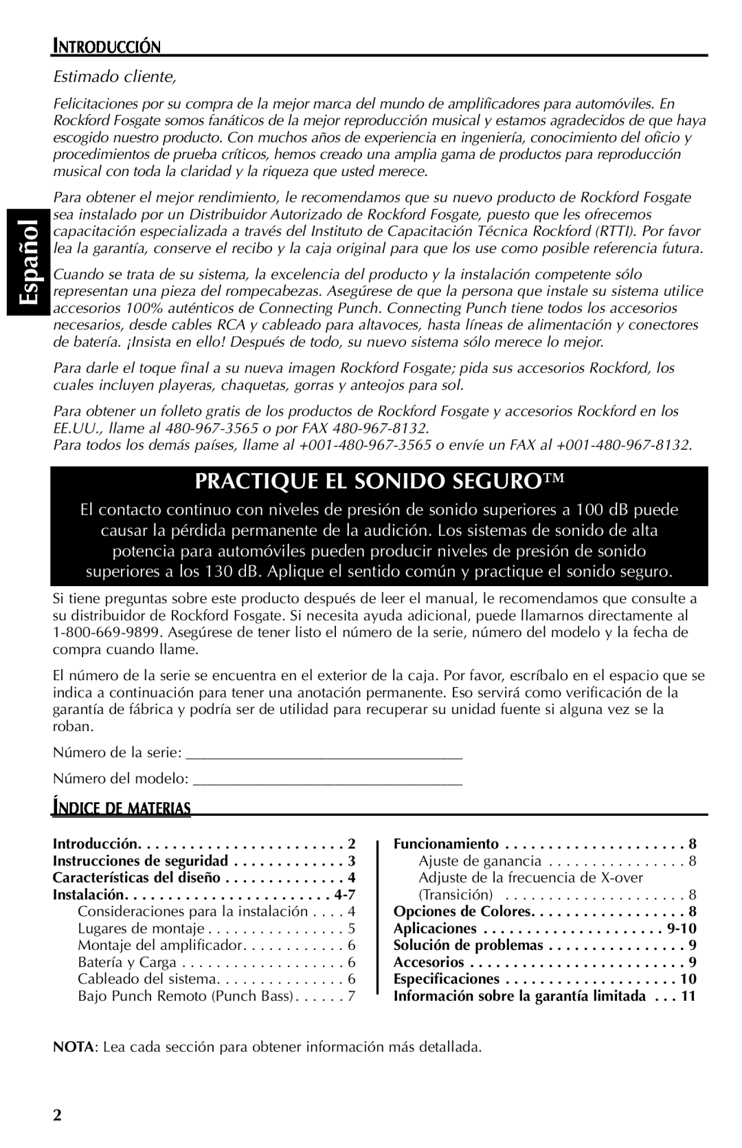 Rockford Fosgate FFX6 manual Español, Practique El Sonido Seguro, Introducción, Estimado cliente, Índice De Materias 