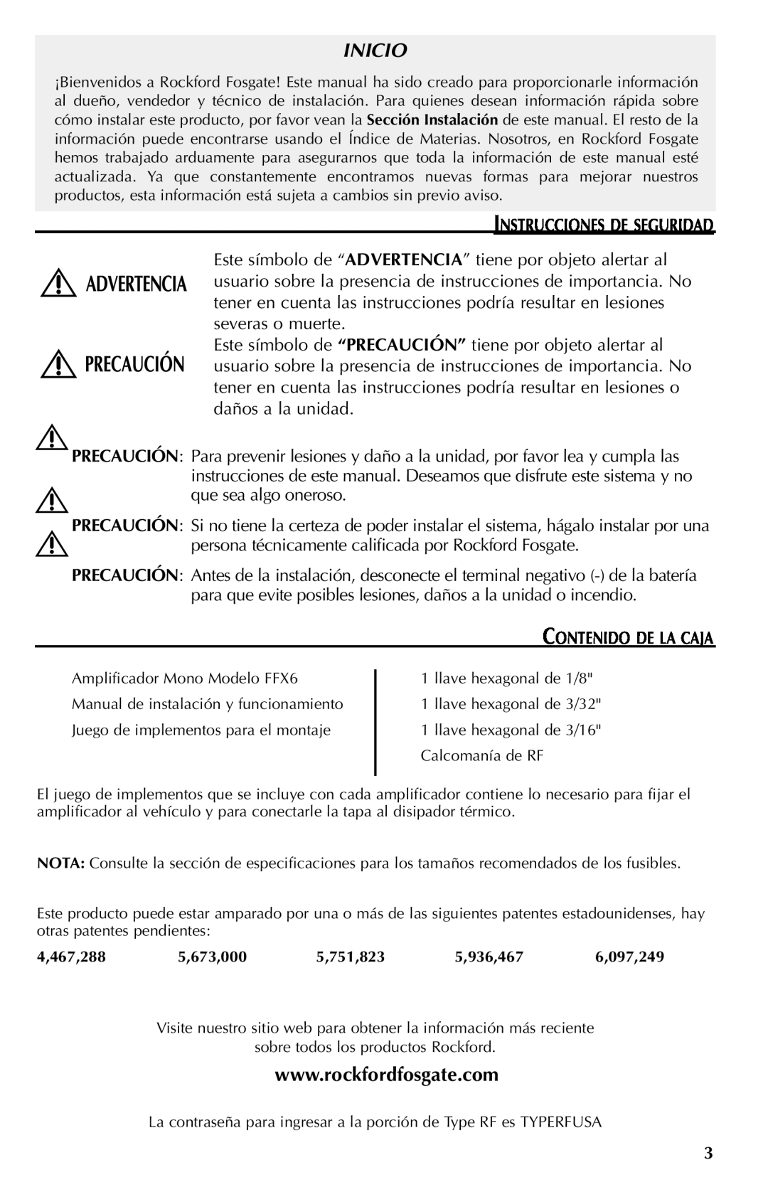 Rockford Fosgate FFX6 manual Inicio, Instrucciones De Seguridad 