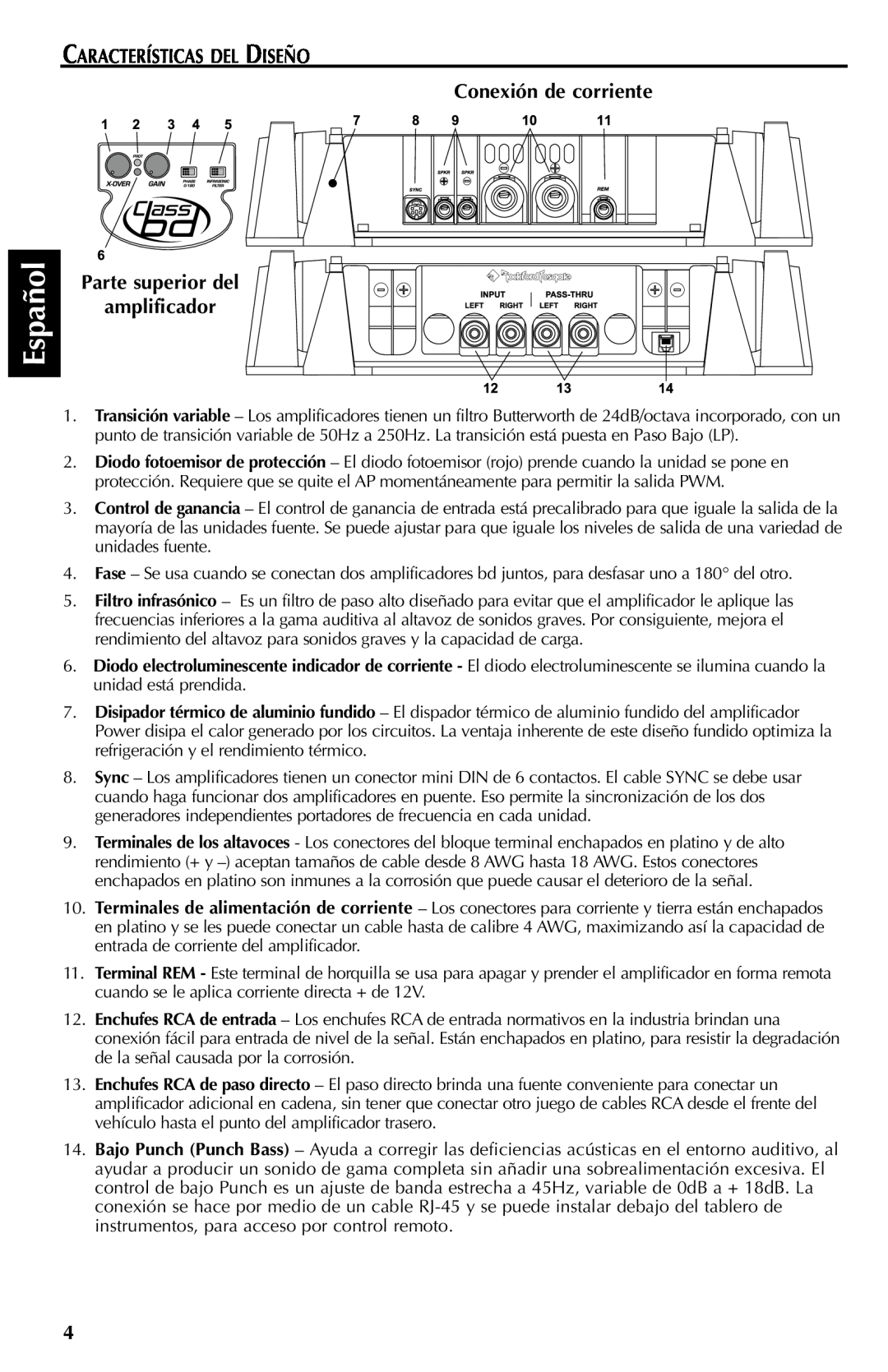 Rockford Fosgate FFX6 manual Español, CARACTERÍSTICAS DEL DISEÑO Conexión de corriente, Parte superior del amplificador 