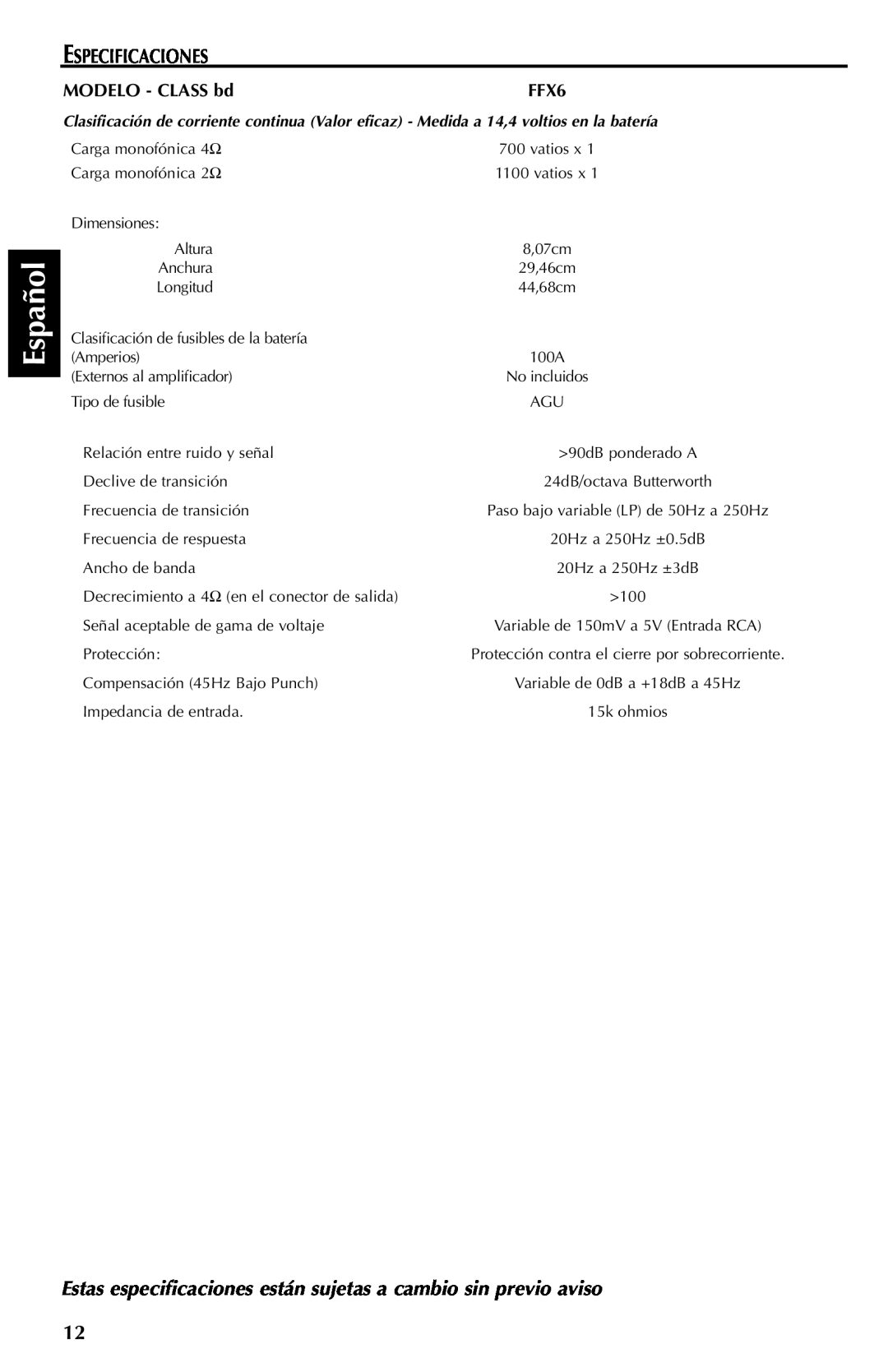 Rockford Fosgate FFX6 manual Español, Especificaciones, MODELO - CLASS bd 