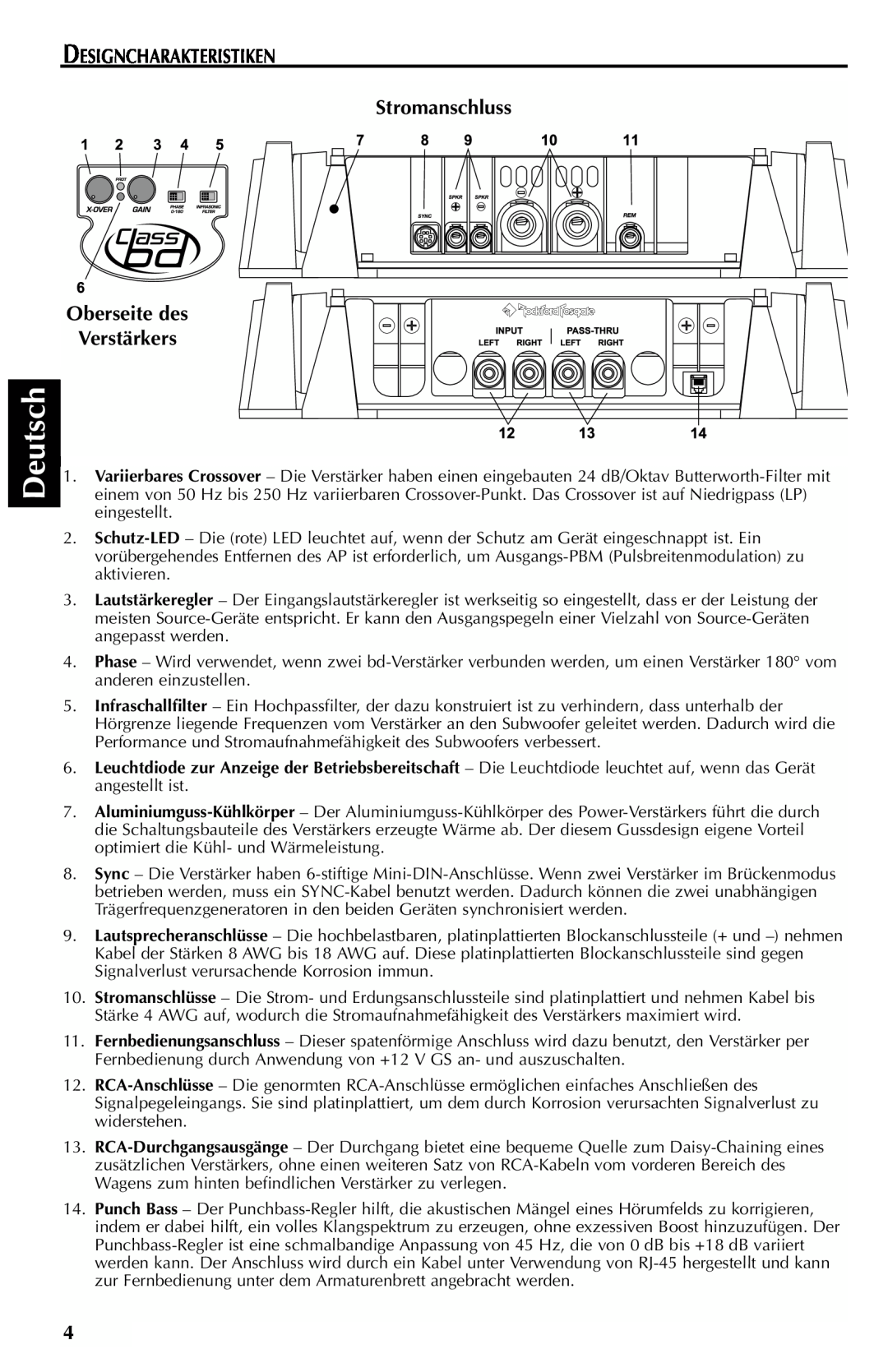Rockford Fosgate FFX6 manual Deutsch, DESIGNCHARAKTERISTIKEN Stromanschluss, Oberseite des Verstärkers 