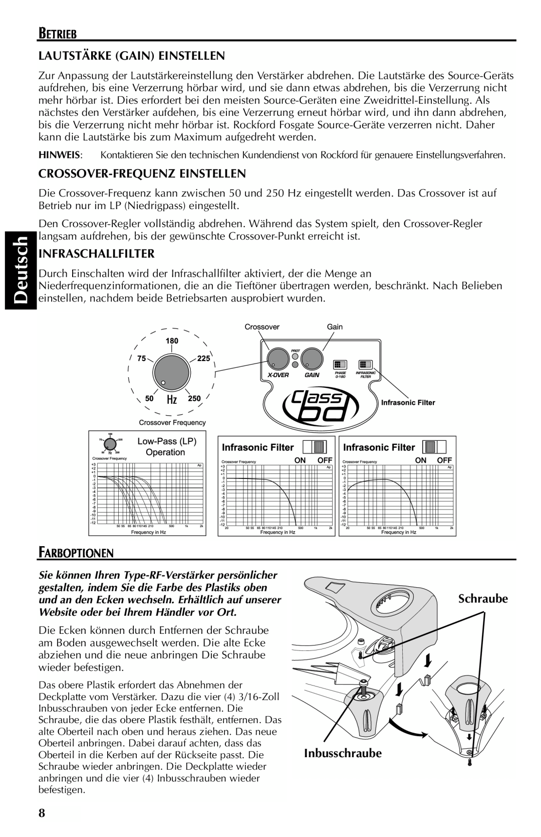 Rockford Fosgate FFX6 manual Deutsch, Betrieb Lautstärke Gain Einstellen, Crossover-Frequenzeinstellen, Infraschallfilter 