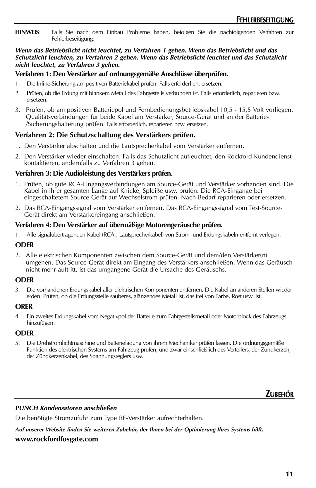 Rockford Fosgate FFX6 manual Fehlerbeseitigung, Oder, Orer, Zubehör 