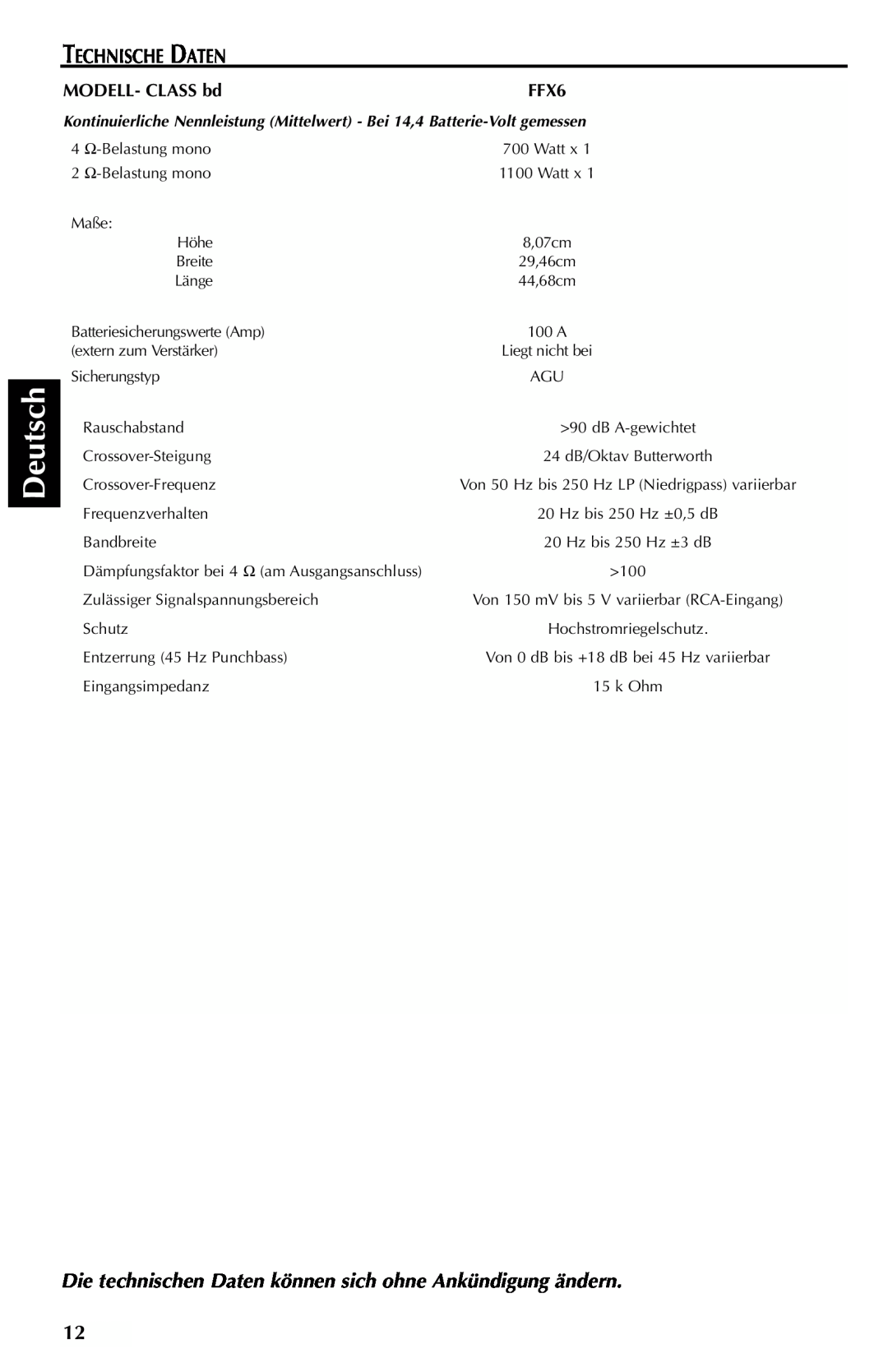 Rockford Fosgate FFX6 manual Deutsch, Technische Daten, MODELL- CLASS bd 