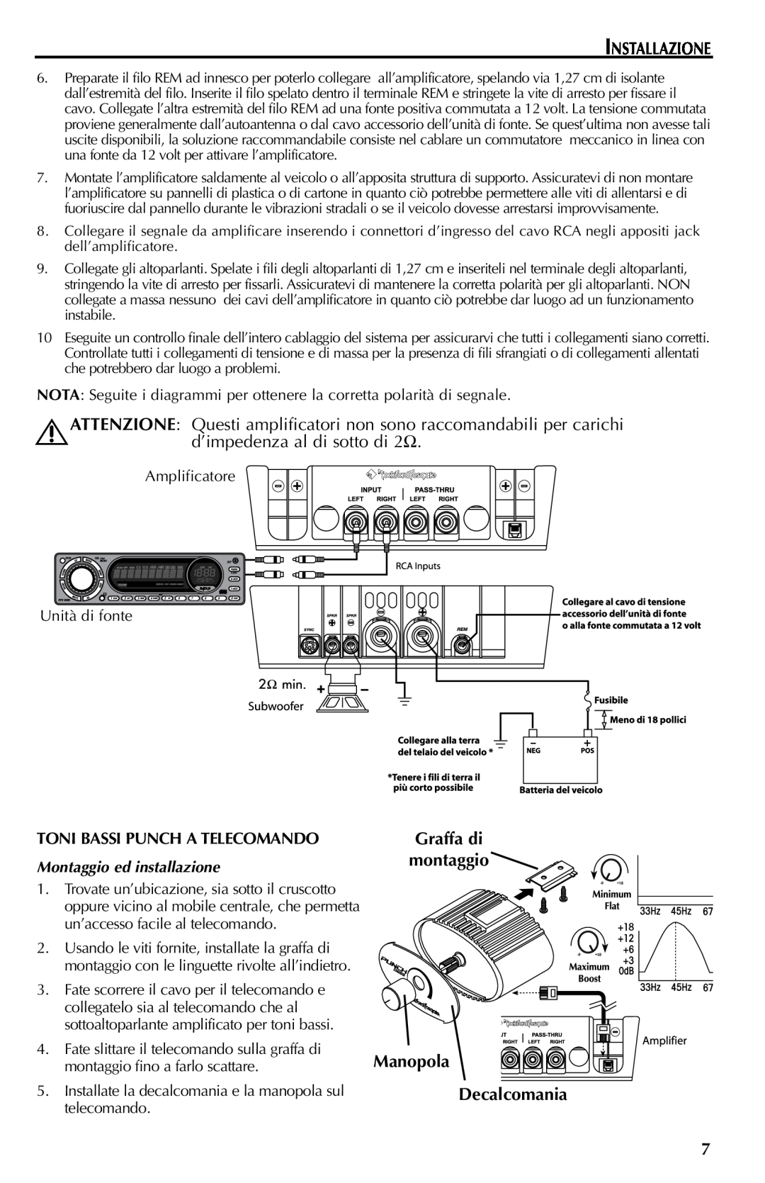 Rockford Fosgate FFX6 manual Installazione, d’impedenza al di sotto di, Manopola Decalcomania, Montaggio ed installazione 