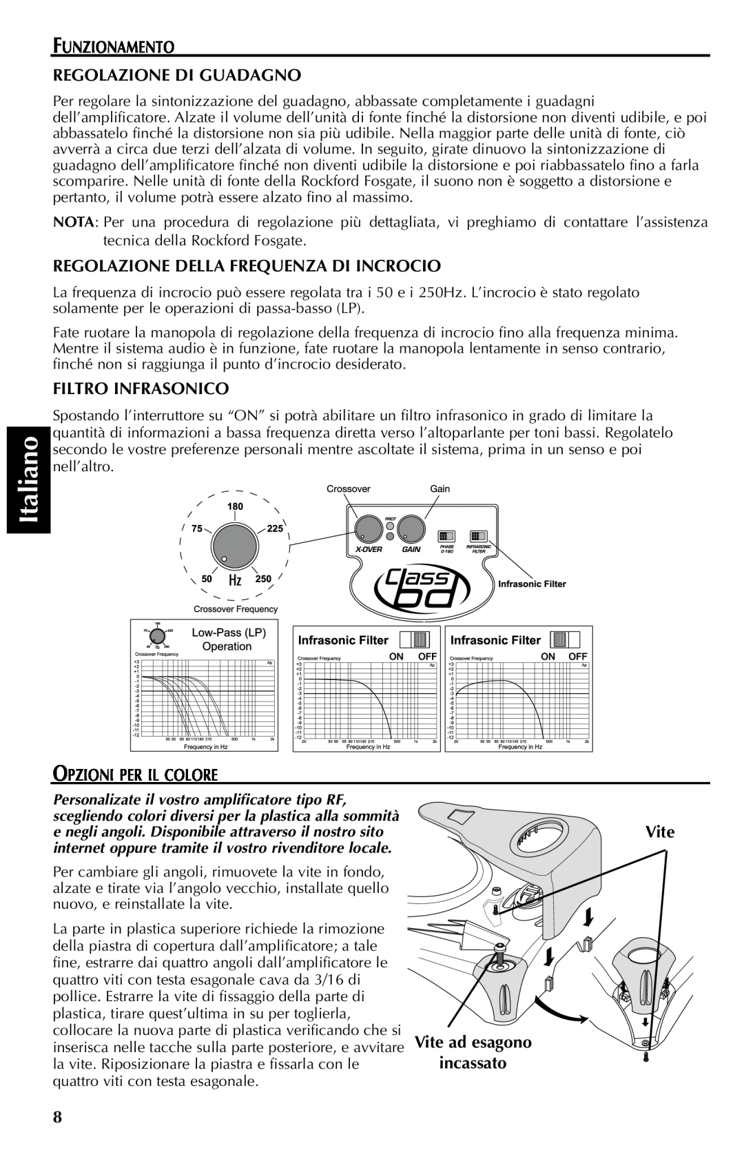 Rockford Fosgate FFX6 manual Italiano, Funzionamento Regolazione Di Guadagno, Regolazione Della Frequenza Di Incrocio 