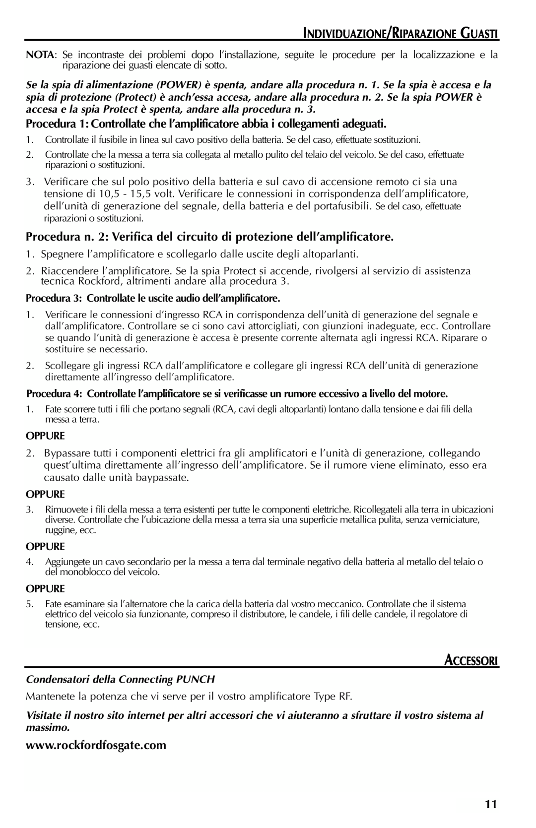 Rockford Fosgate FFX6 manual Individuazione/Riparazione Guasti, Accessori, Oppure, Condensatori della Connecting PUNCH 