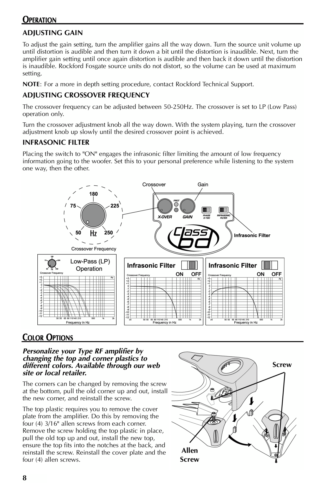 Rockford Fosgate FFX6 manual Operation Adjusting Gain, Adjusting Crossover Frequency, Infrasonic Filter, Color Options 