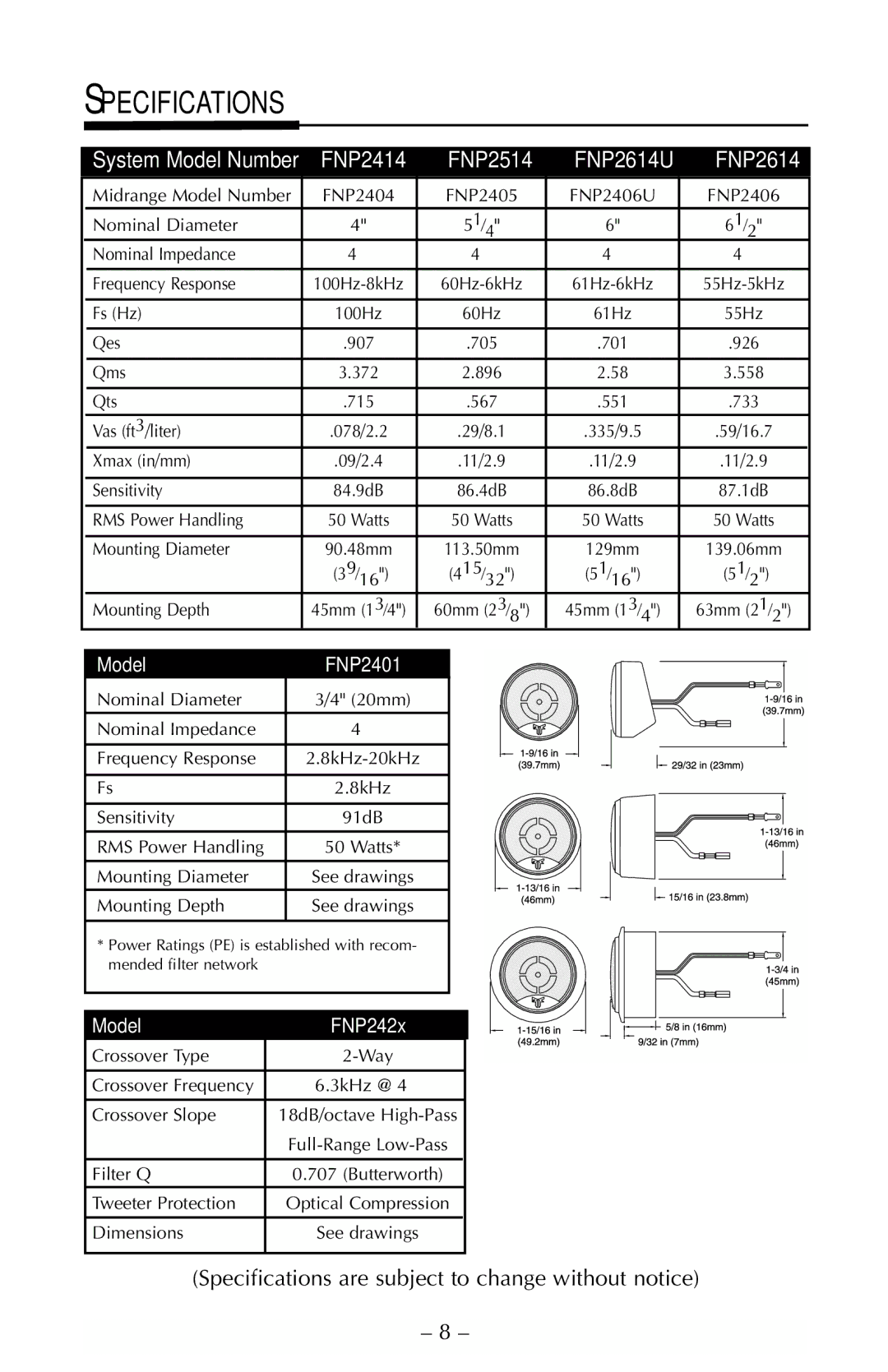 Rockford Fosgate FNP2514, FNP2414 manual Specifications, FNP2614U 