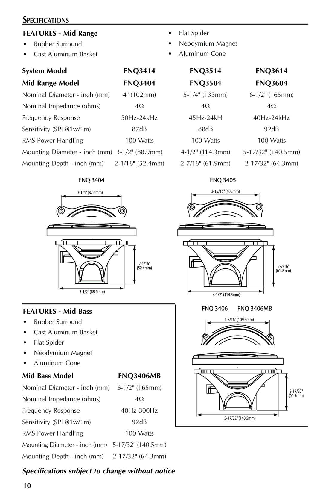 Rockford Fosgate FNQ3614, FNQ3514, FNQ3414, FNQ4401X manual Features Mid Range, Features Mid Bass, Mid Bass Model, FNQ3406MB 