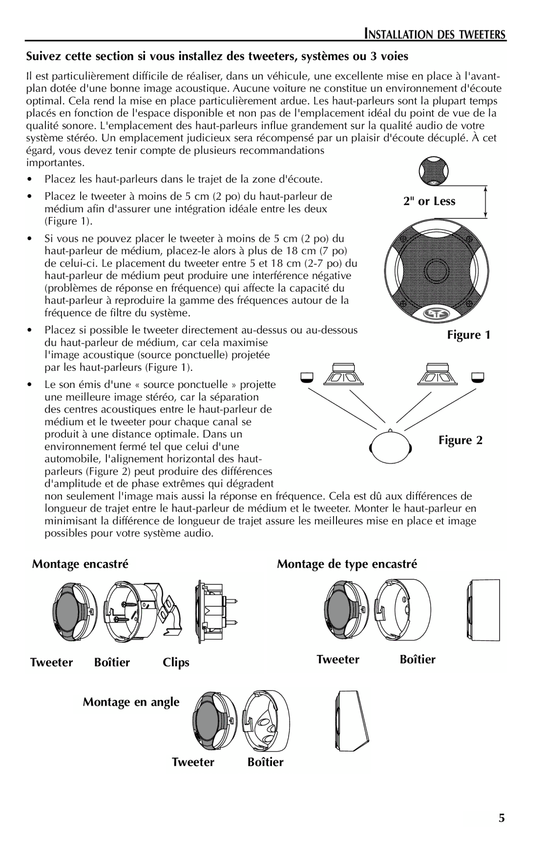 Rockford Fosgate FNQ3146, FNQ3514, FNQ3414 manual Installation DES Tweeters, Or Less, Montage encastré, Tweeter Boîtier Clips 