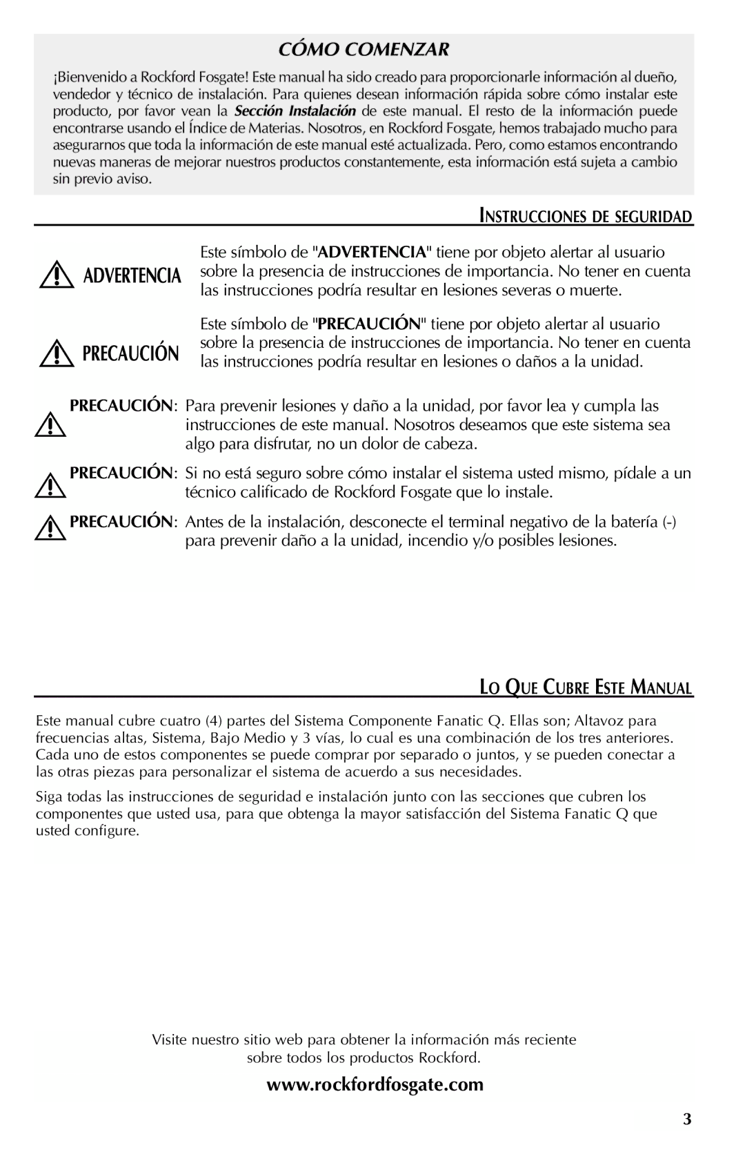 Rockford Fosgate FNQ3146, FNQ3514 manual Instrucciones DE Seguridad, Técnico calificado de Rockford Fosgate que lo instale 