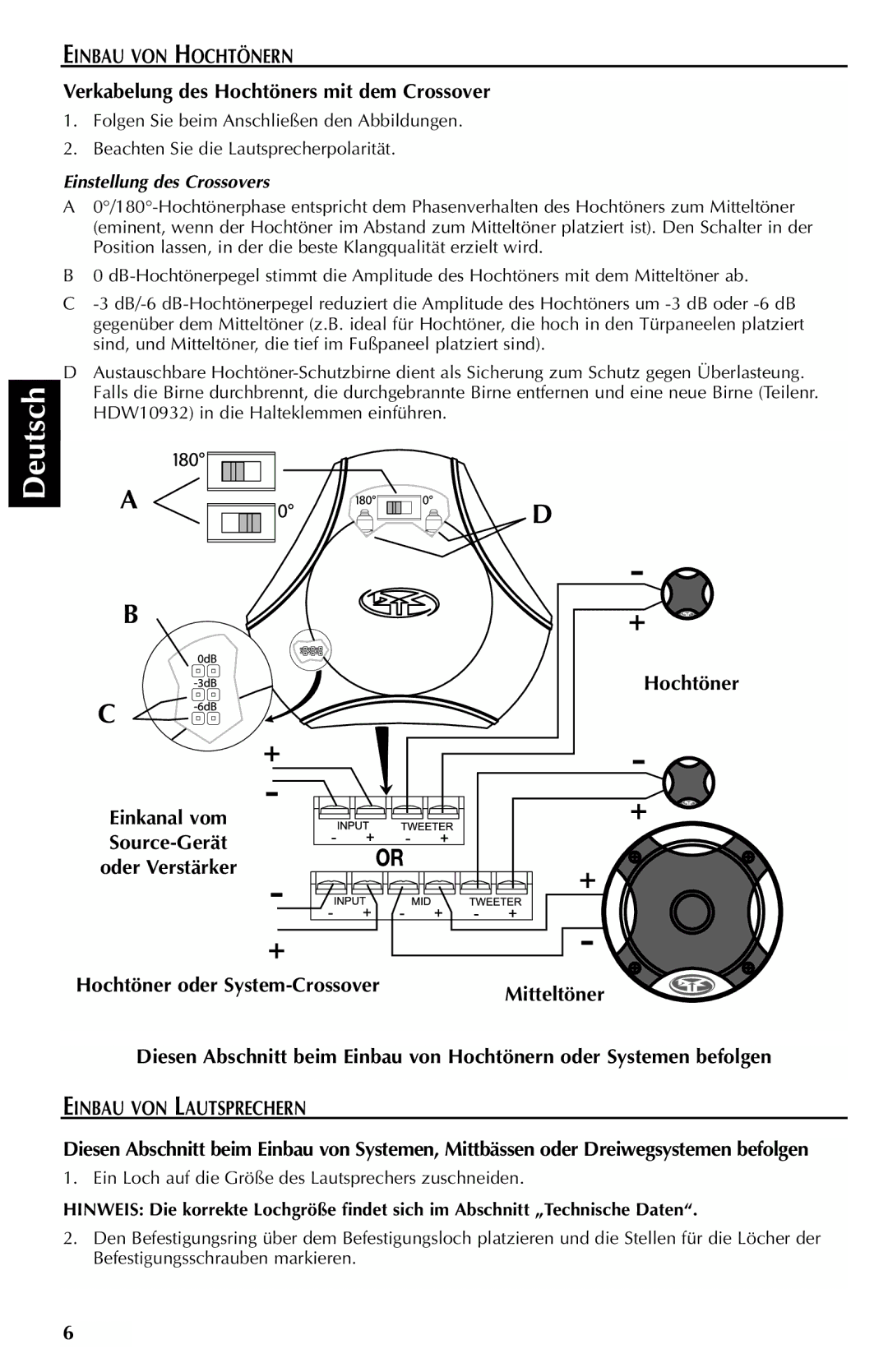 Rockford Fosgate FNQ4401X, FNQ3514, FNQ3414 Verkabelung des Hochtöners mit dem Crossover, Hochtöner oder System-Crossover 