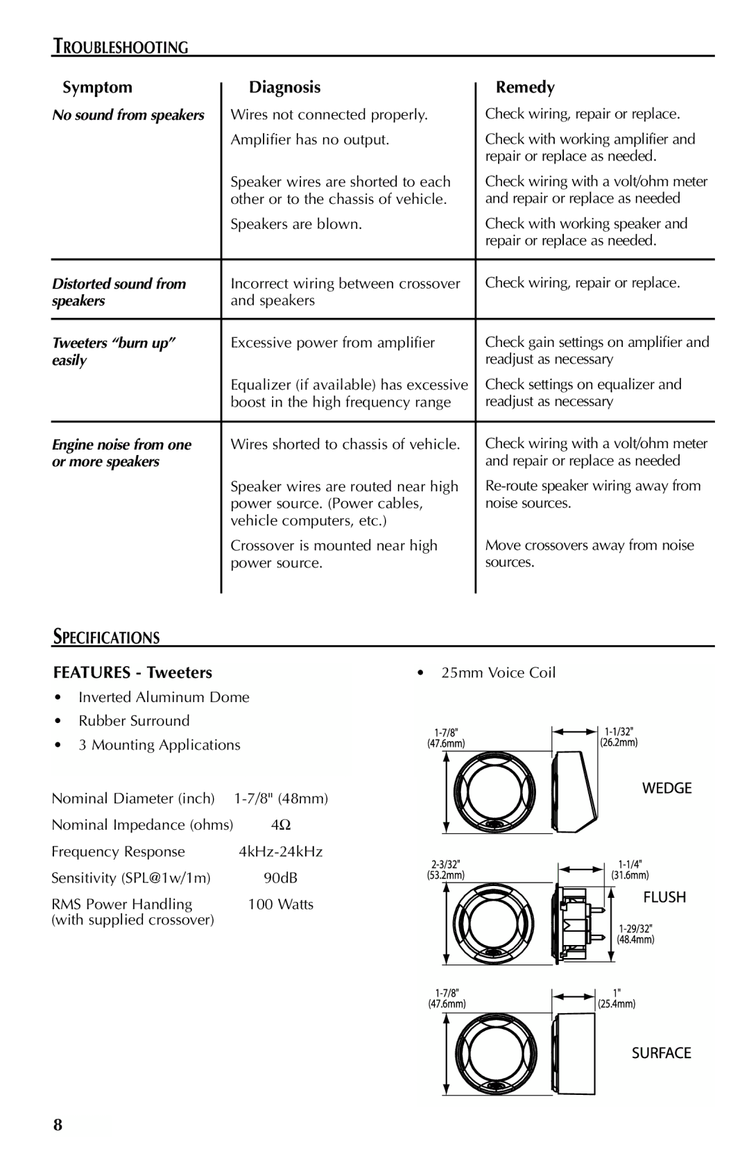 Rockford Fosgate FNQ4401X, FNQ3514, FNQ3414, FNQ3146, FNQ3614 manual Troubleshooting, Symptom Diagnosis Remedy, Specifications 