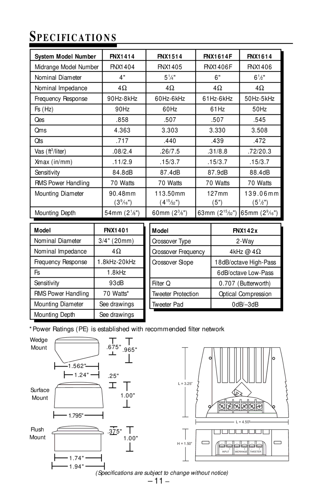 Rockford Fosgate FNX-1405, FNX-1406F, FNX-1404 manual Specifications, Model 