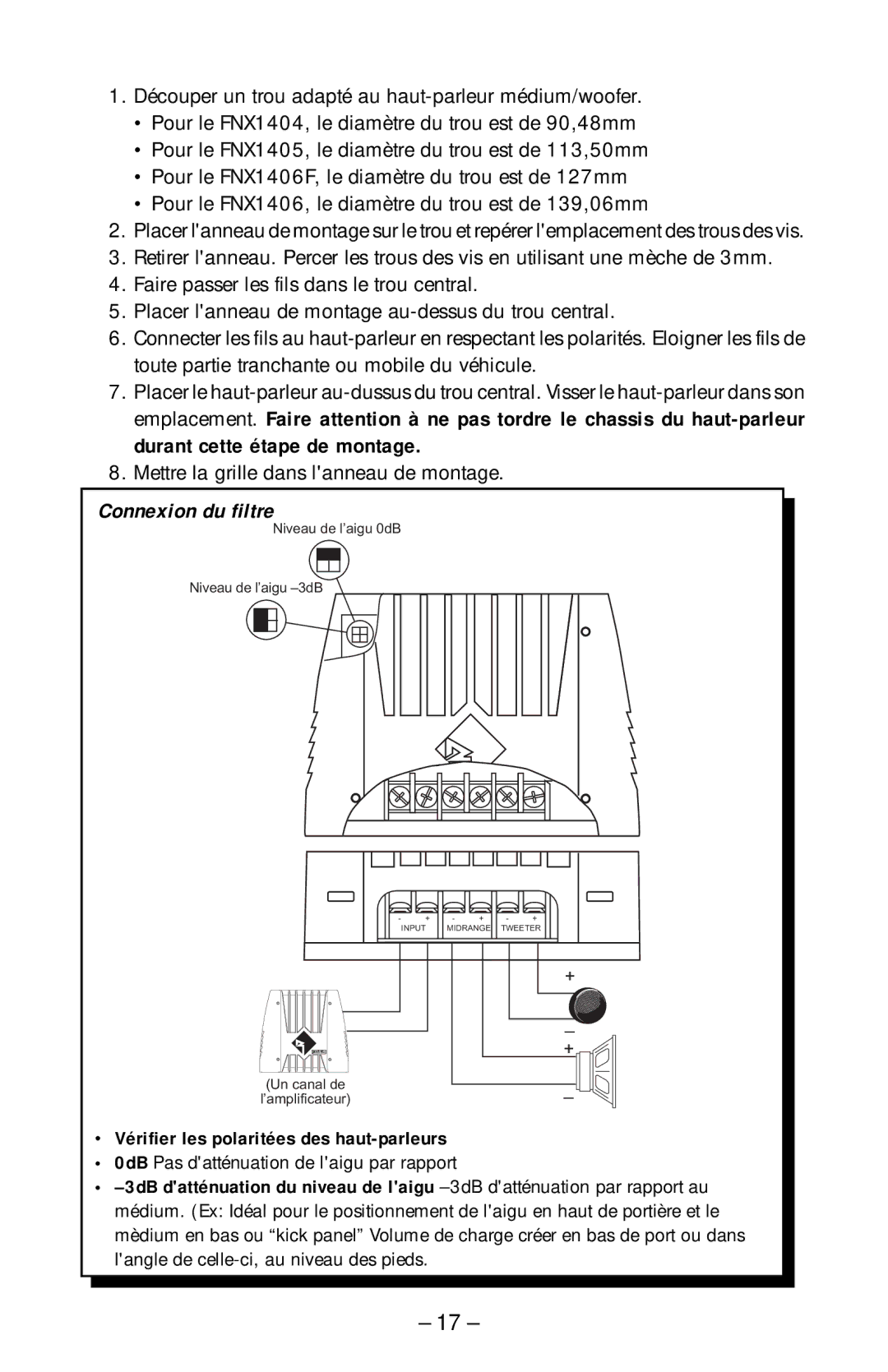 Rockford Fosgate FNX-1406F, FNX-1405, FNX-1404 manual Connexion du filtre, Vérifier les polaritées des haut-parleurs 