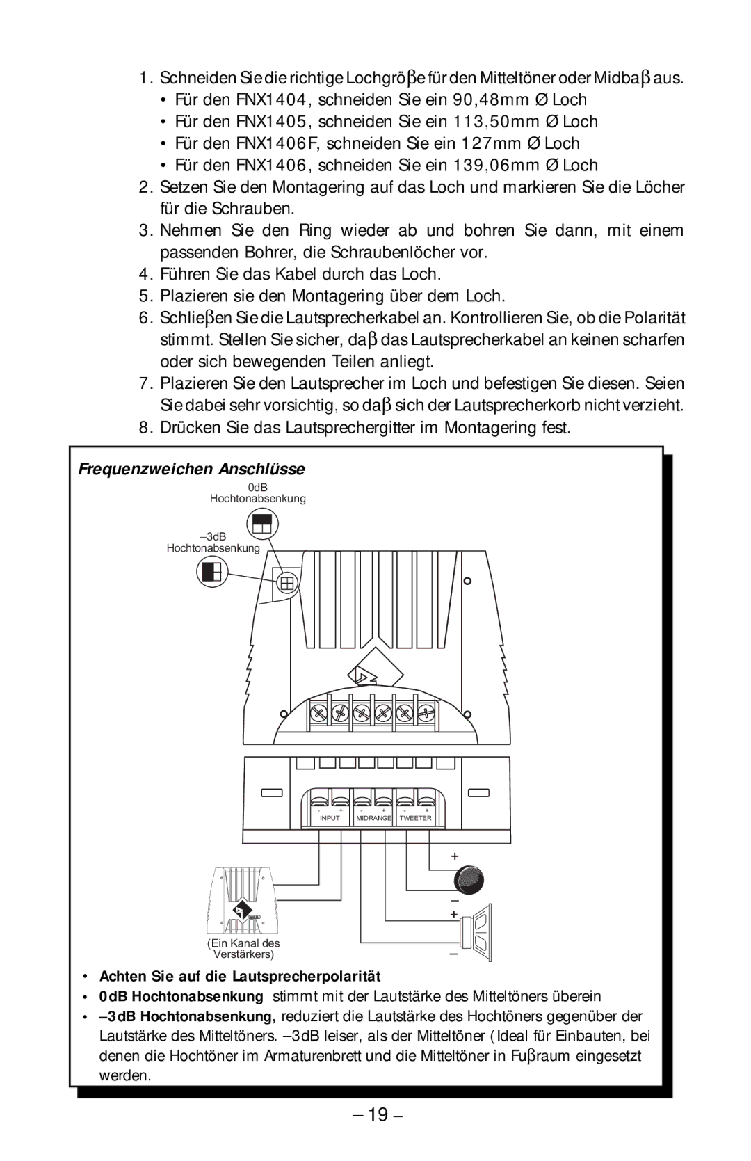 Rockford Fosgate FNX-1405, FNX-1406F, FNX-1404 manual Frequenzweichen Anschlüsse, Achten Sie auf die Lautsprecherpolarität 